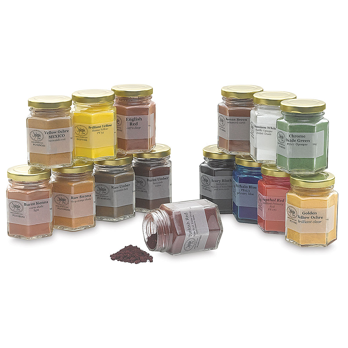 Sinopia Pigment Sets - Jars of 15 pc set shown with one open and pigment spilled