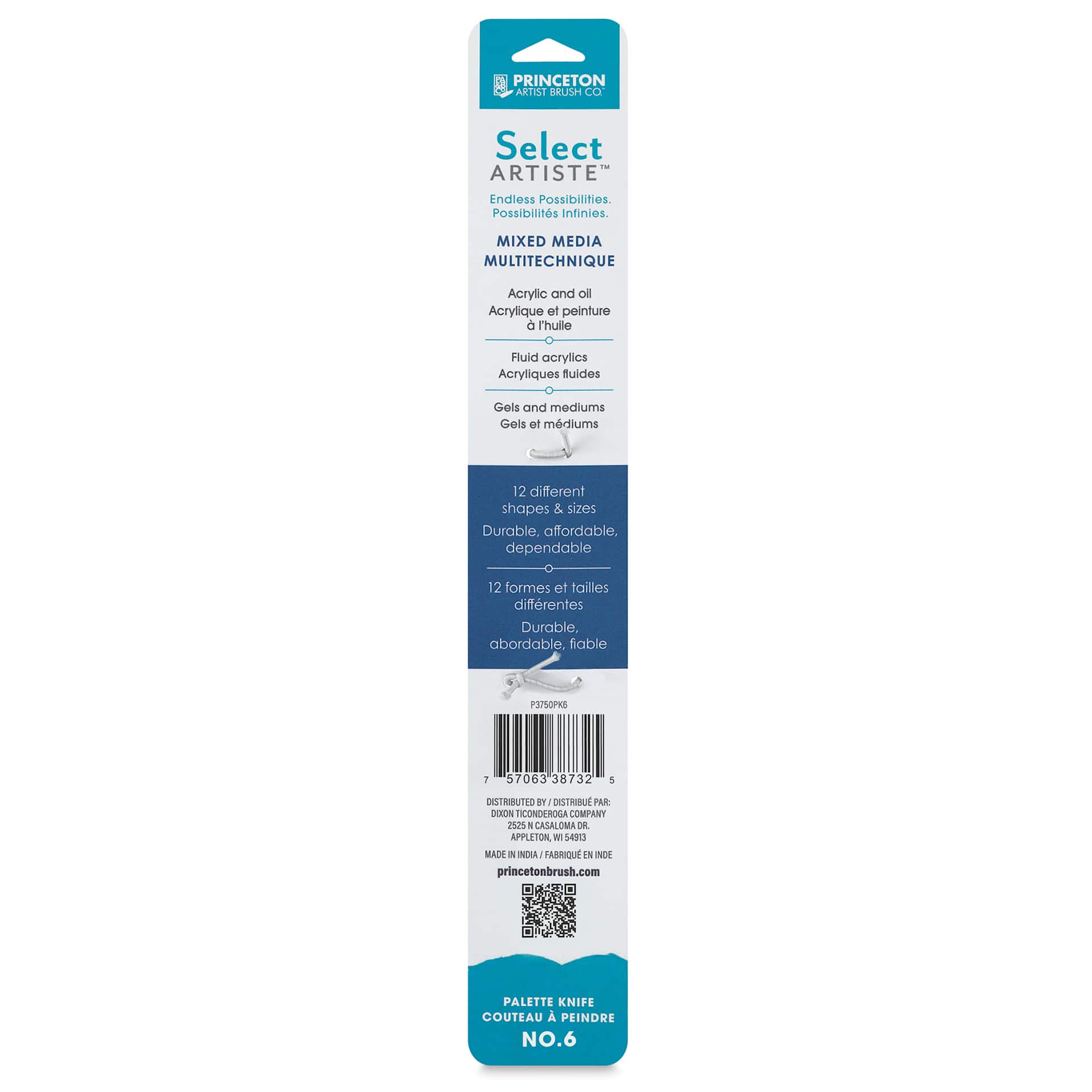 Princeton Select Palette Knife - Style 6, Medium Multi Angle Scraper, back of the packaging