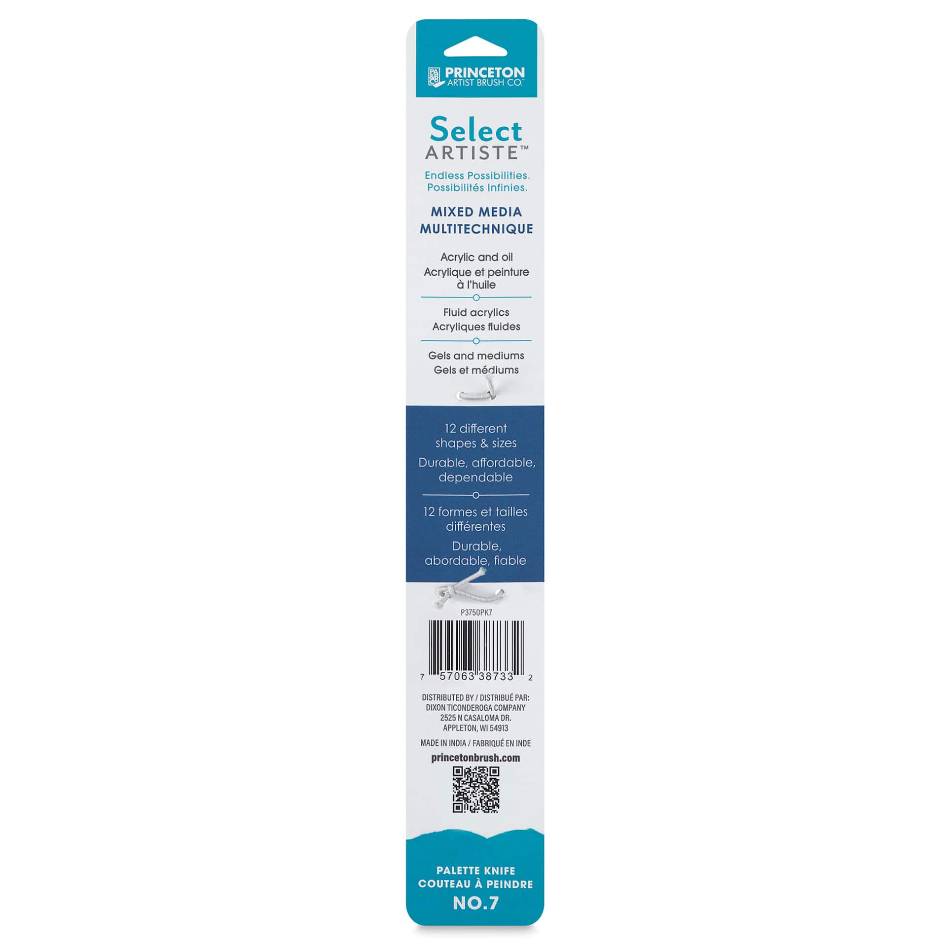 Princeton Select Palette Knife - Style 7, Small Multi Angle Scraper, back of the pacakging