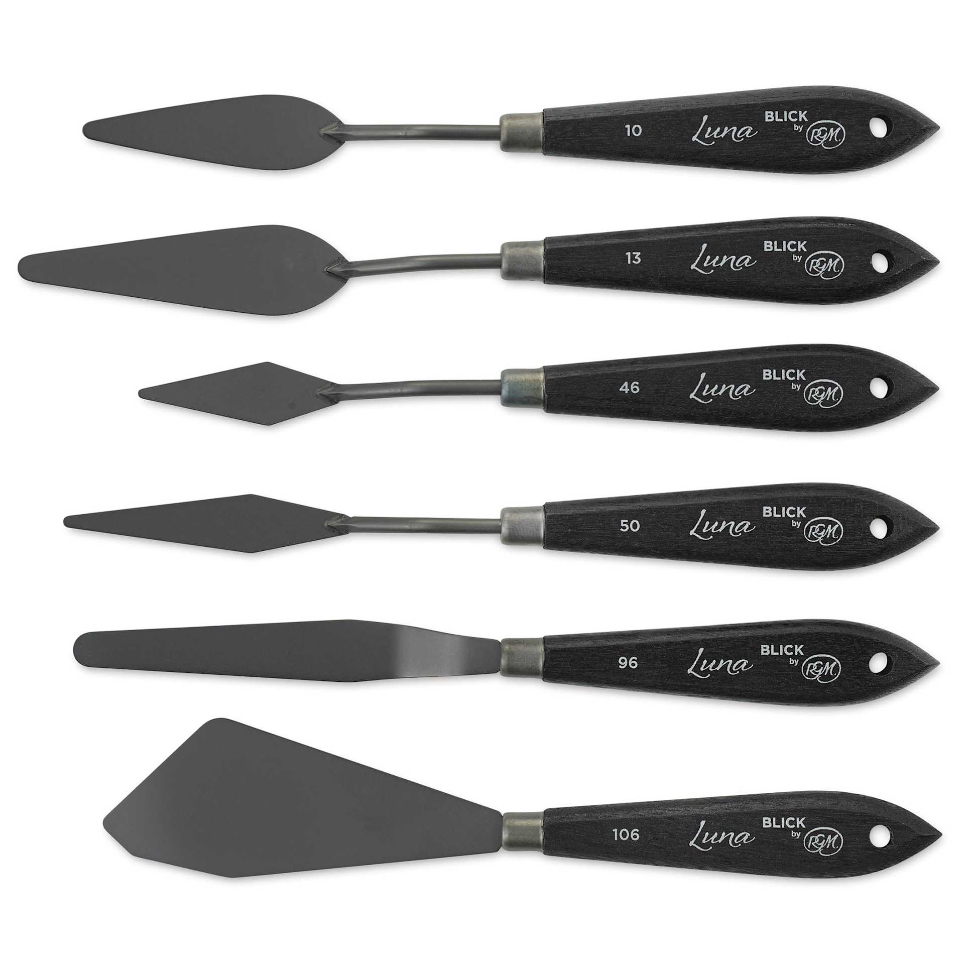 Blick Luna Palette Knife by RGM - Assorted, Set of 6, laid horizontally Blick Luna Palette Knife by RGM - Assorted, Set of 6, laid horizontally