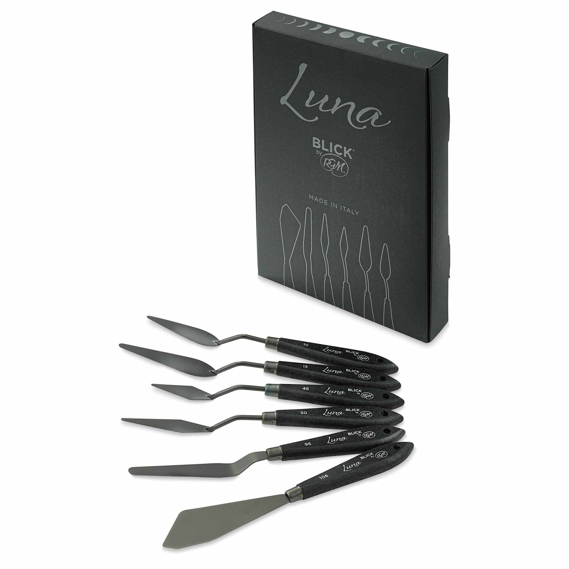 Blick Luna Palette Knife by RGM - Assorted, Set of 6, set contents next to packaging Blick Luna Palette Knife by RGM - Assorted, Set of 6, set contents next to packaging