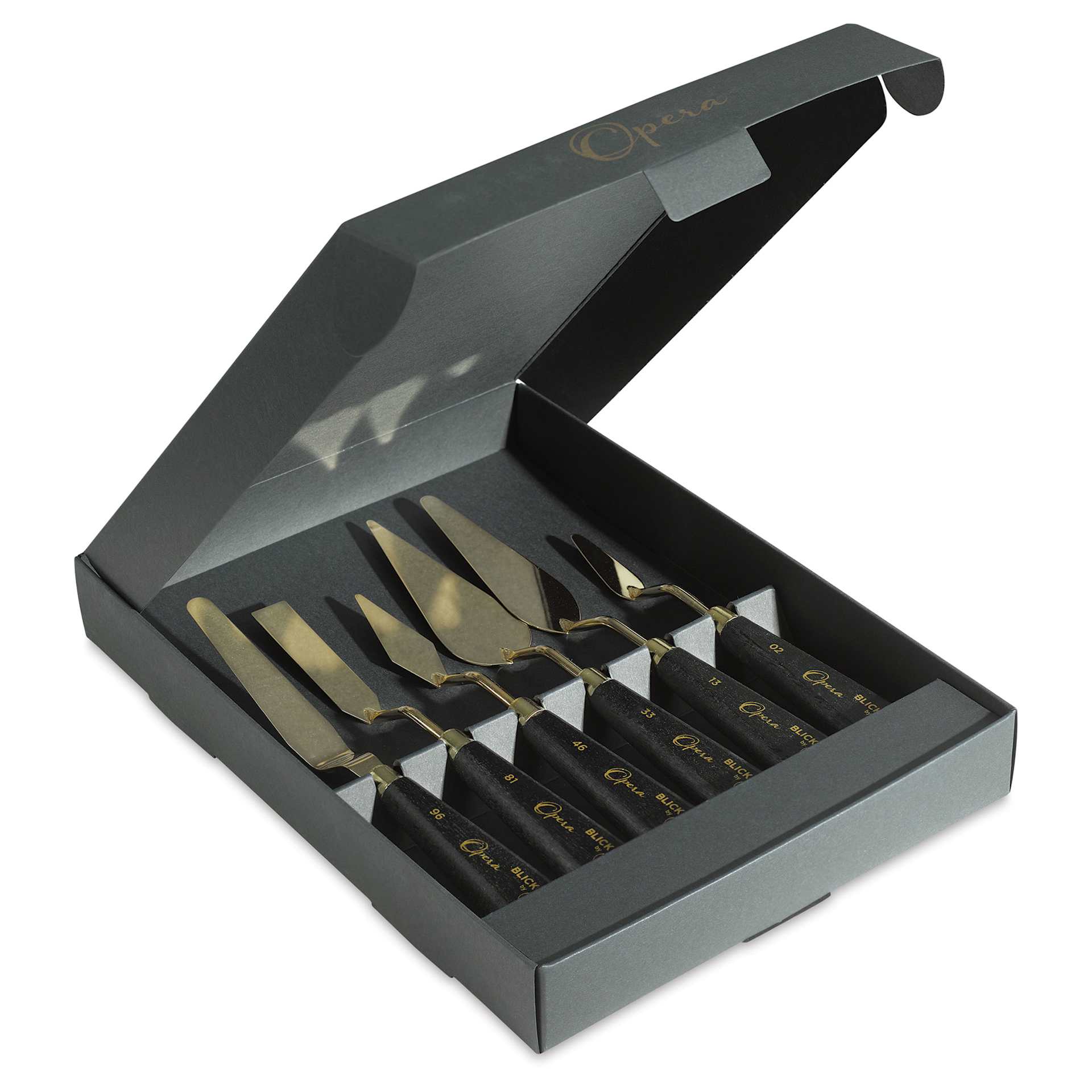 Blick Opera Palette Knife Set by RGM - Set of 6, knives inside packaging with raised lid Blick Opera Palette Knife Set by RGM - Set of 6, knives inside packaging with raised lid