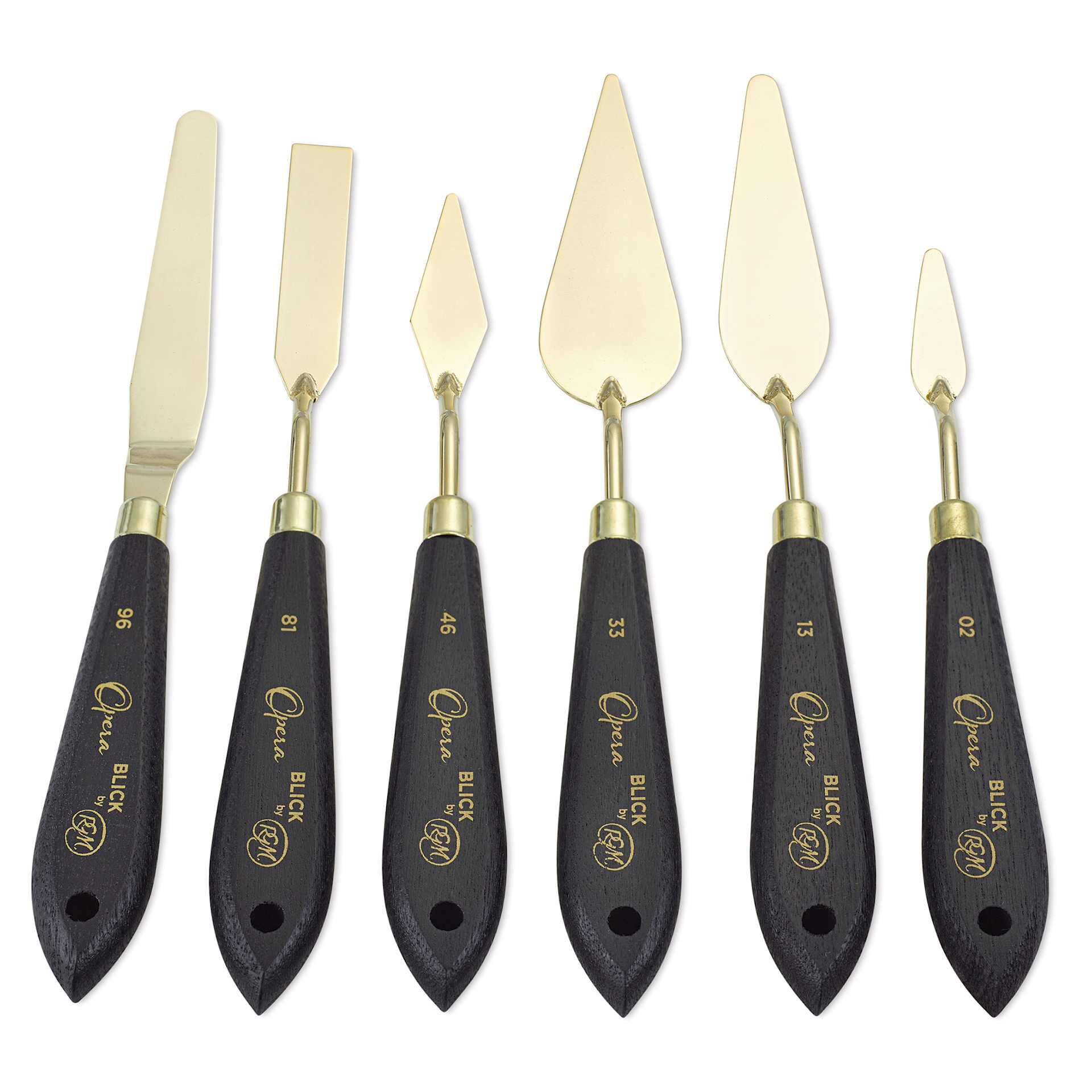Blick Opera Palette Knife Set by RGM - Set of 6, laid out horizontally