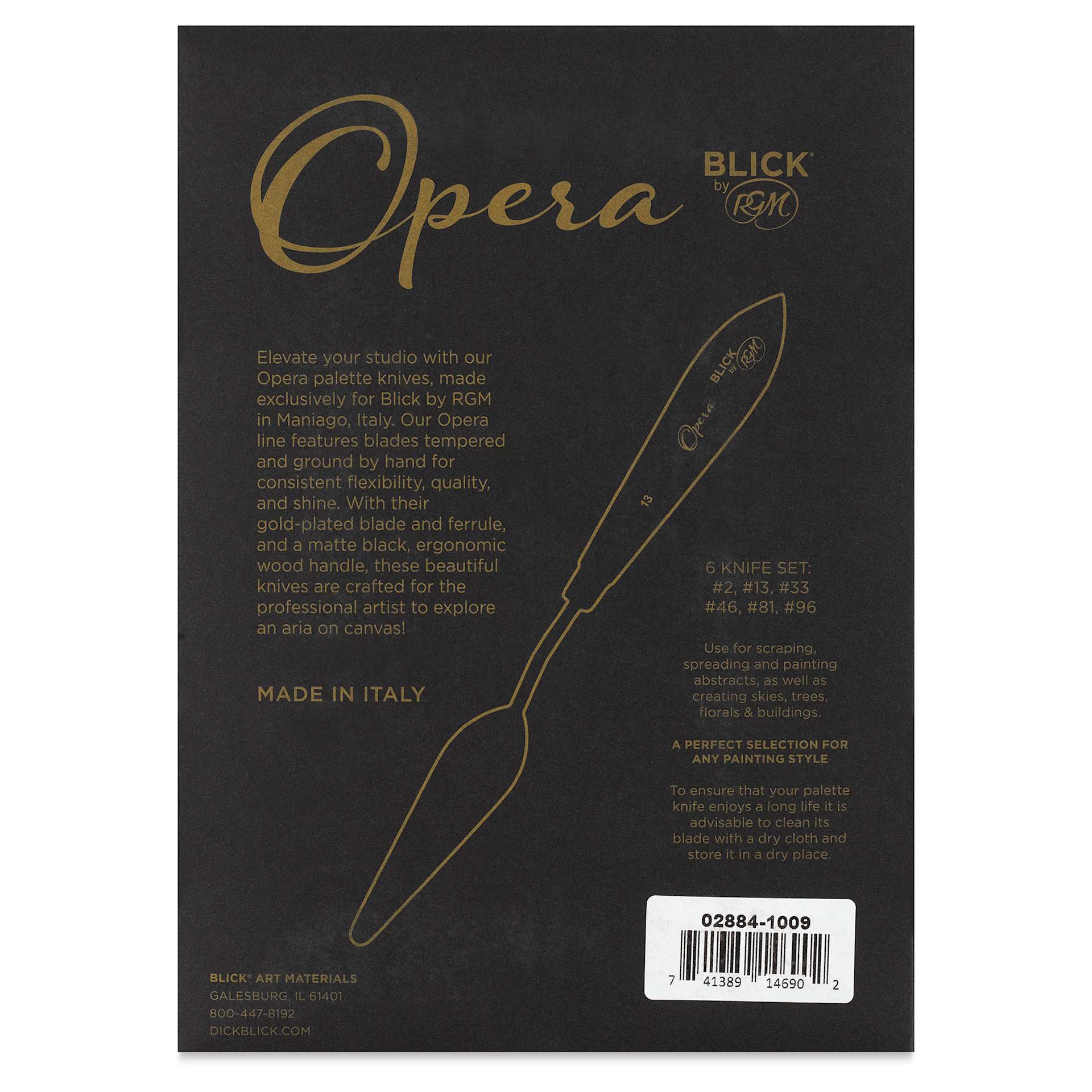 Blick Opera Palette Knife Set by RGM - Set of 6, back of the packaging