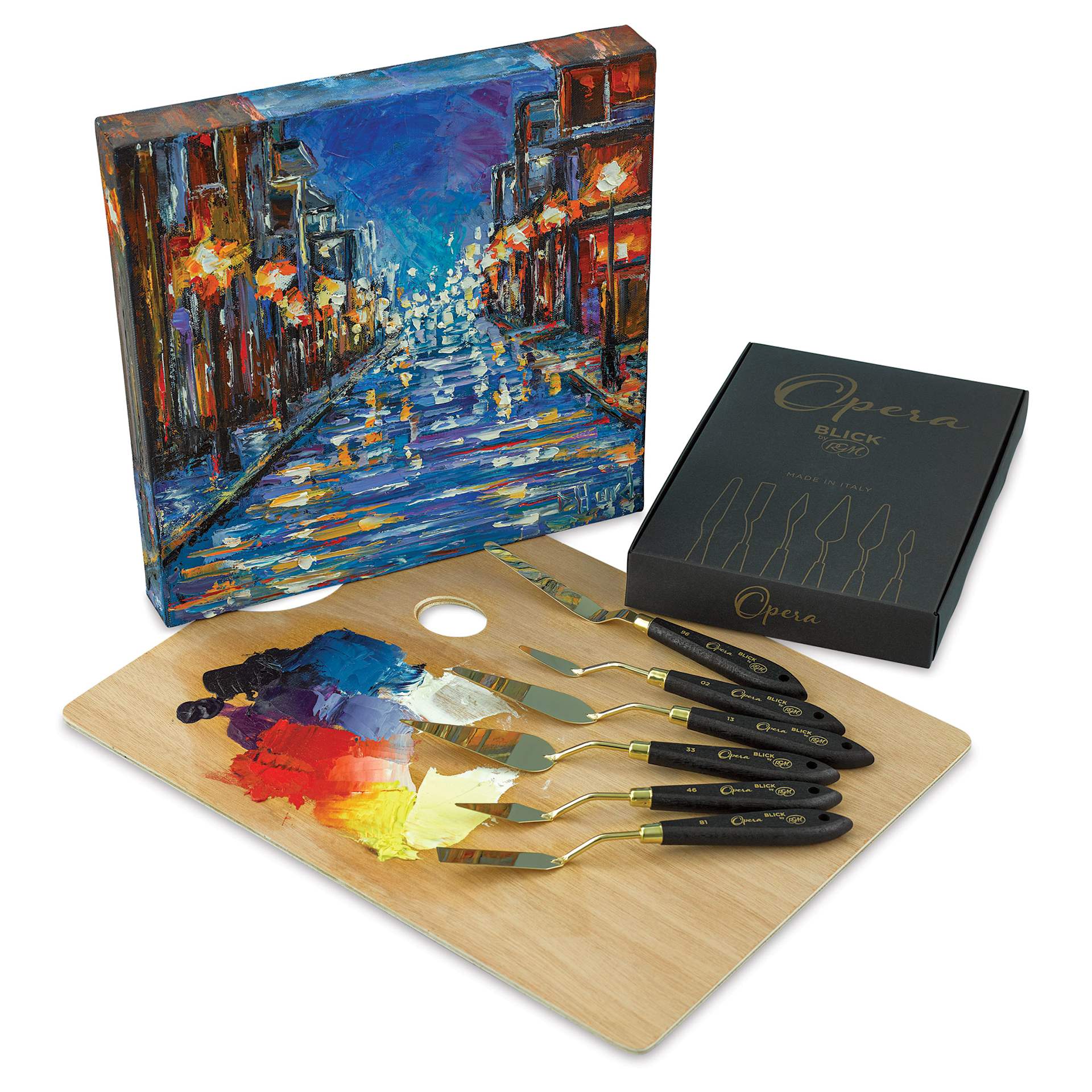 Blick Opera Palette Knife Set by RGM, knives and palette with paint in front of finished artwork