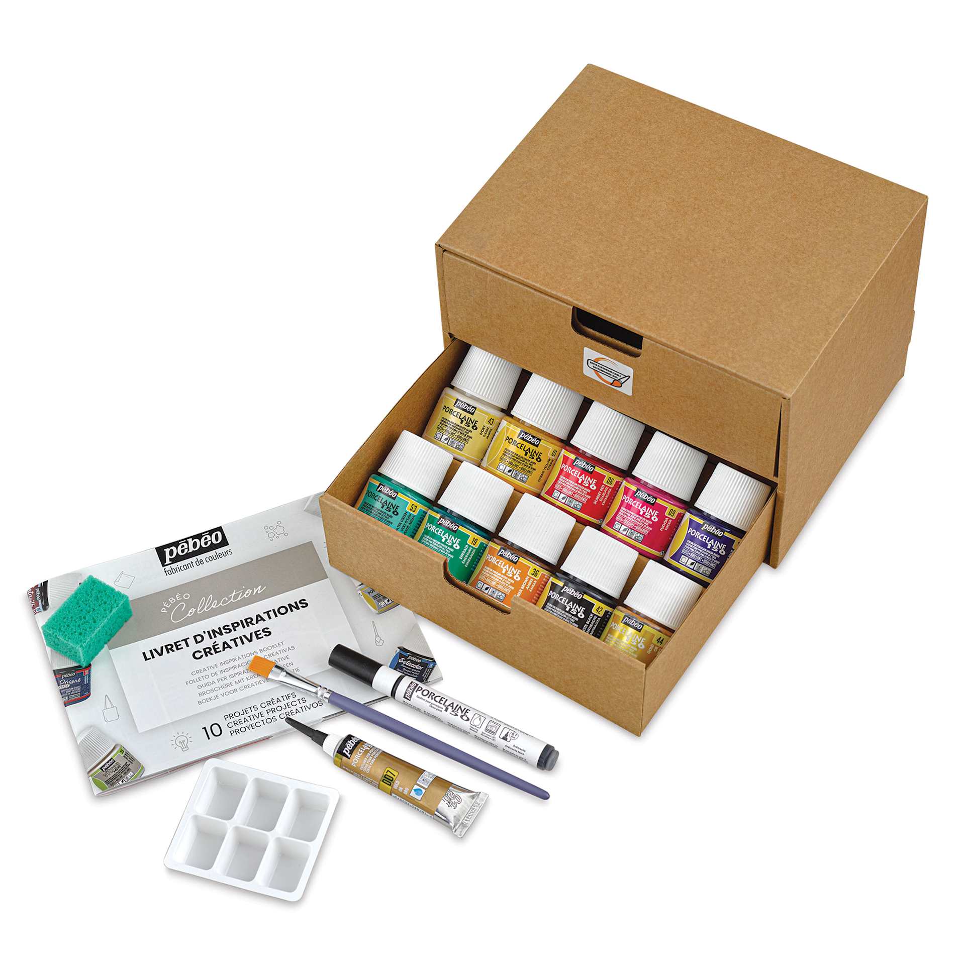 Pebeo Porcelaine 150 Paints - Initiation Set, Set of 10, open to show contents