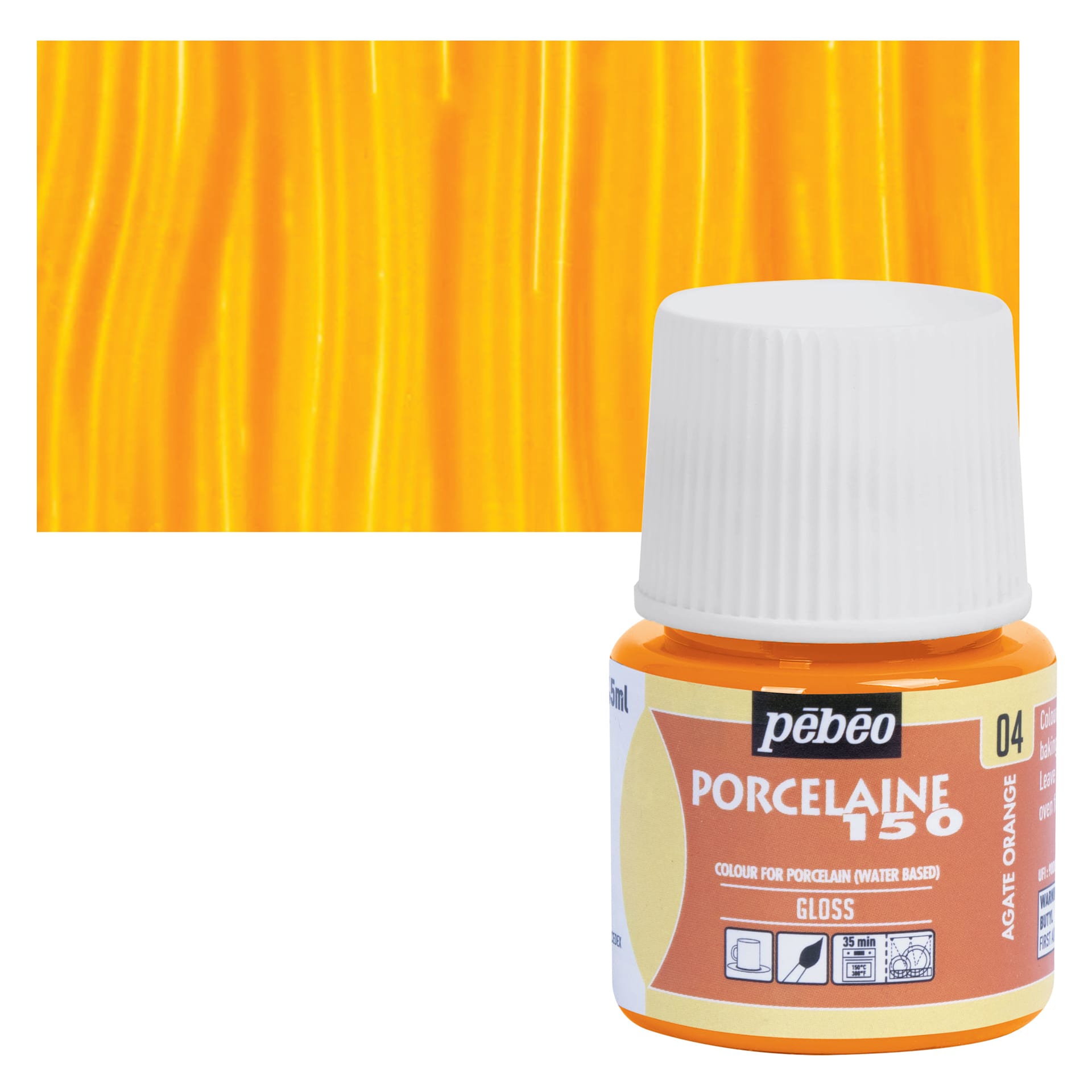Pebeo Porcelaine 150 Paint - Agate Orange, Transparent, 45 ml bottle and swatch