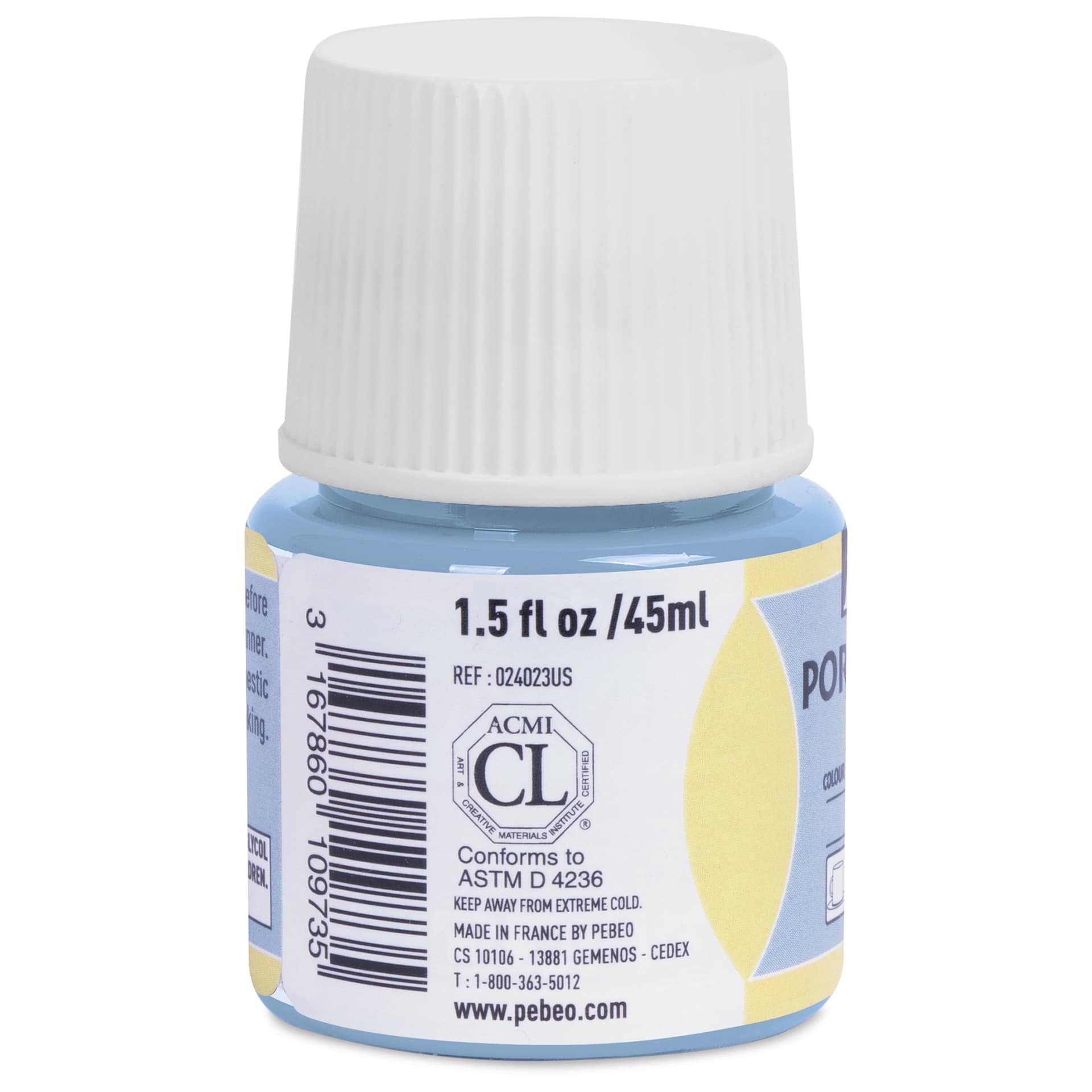 Pebeo Porcelaine 150 Paint - Opaline Blue, Opaque, 45 ml bottle (side)
