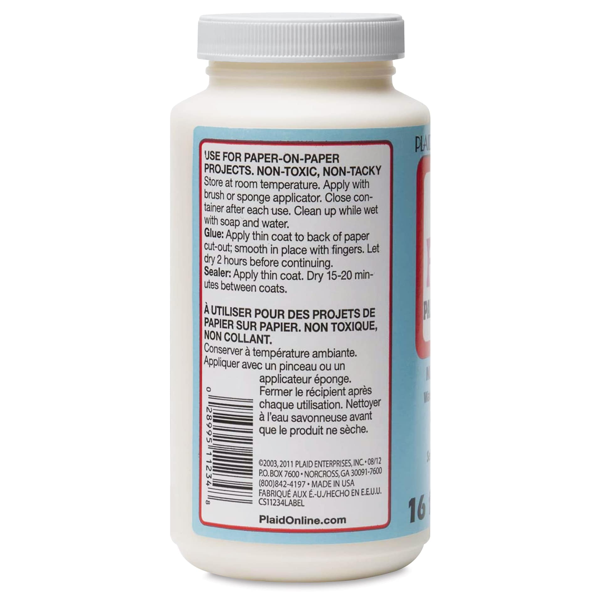 Plaid Mod Podge Paper - Matte Finish, 16 oz, back of the Jar