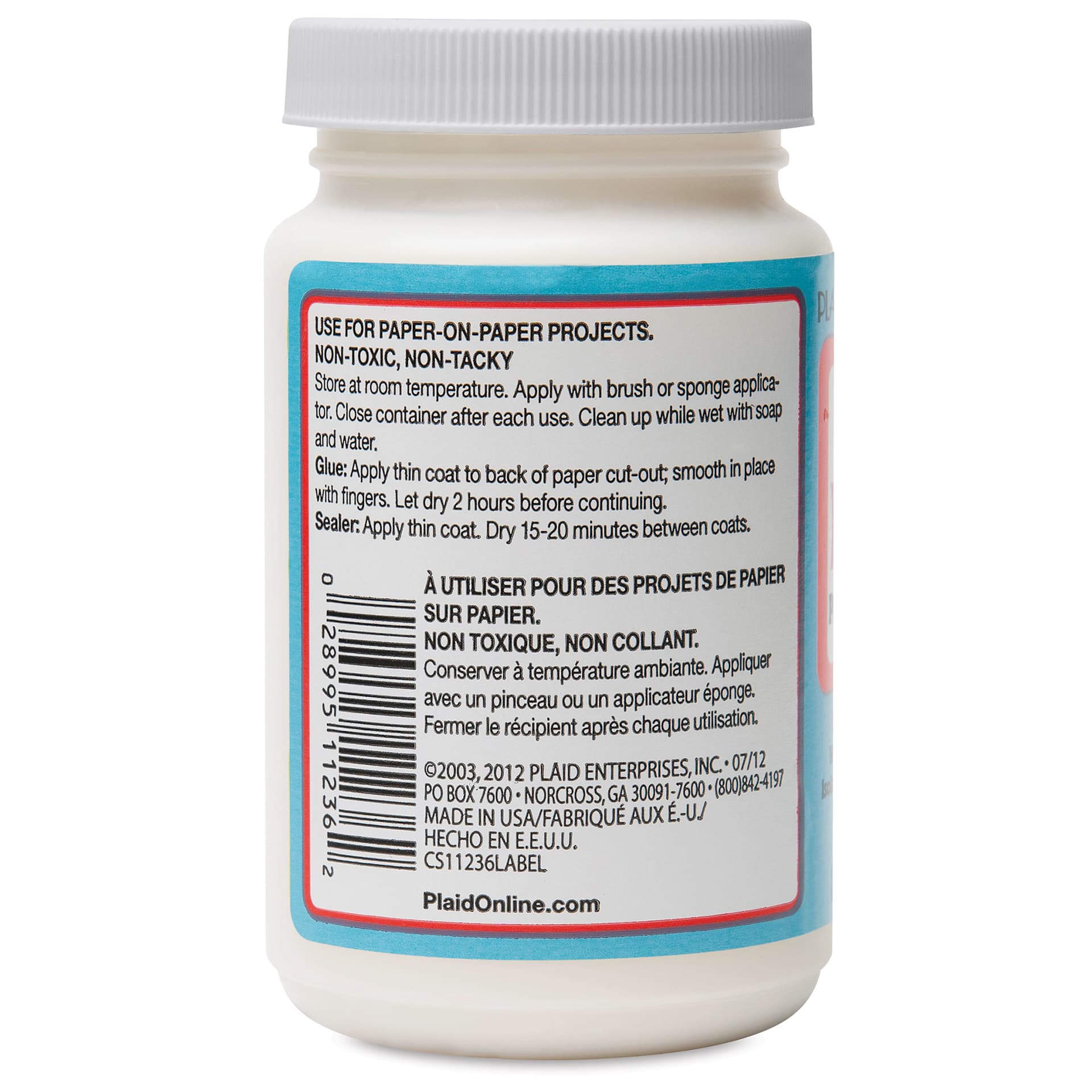 Plaid Mod Podge Paper - Matte Finish, 8 oz, back of the Jar