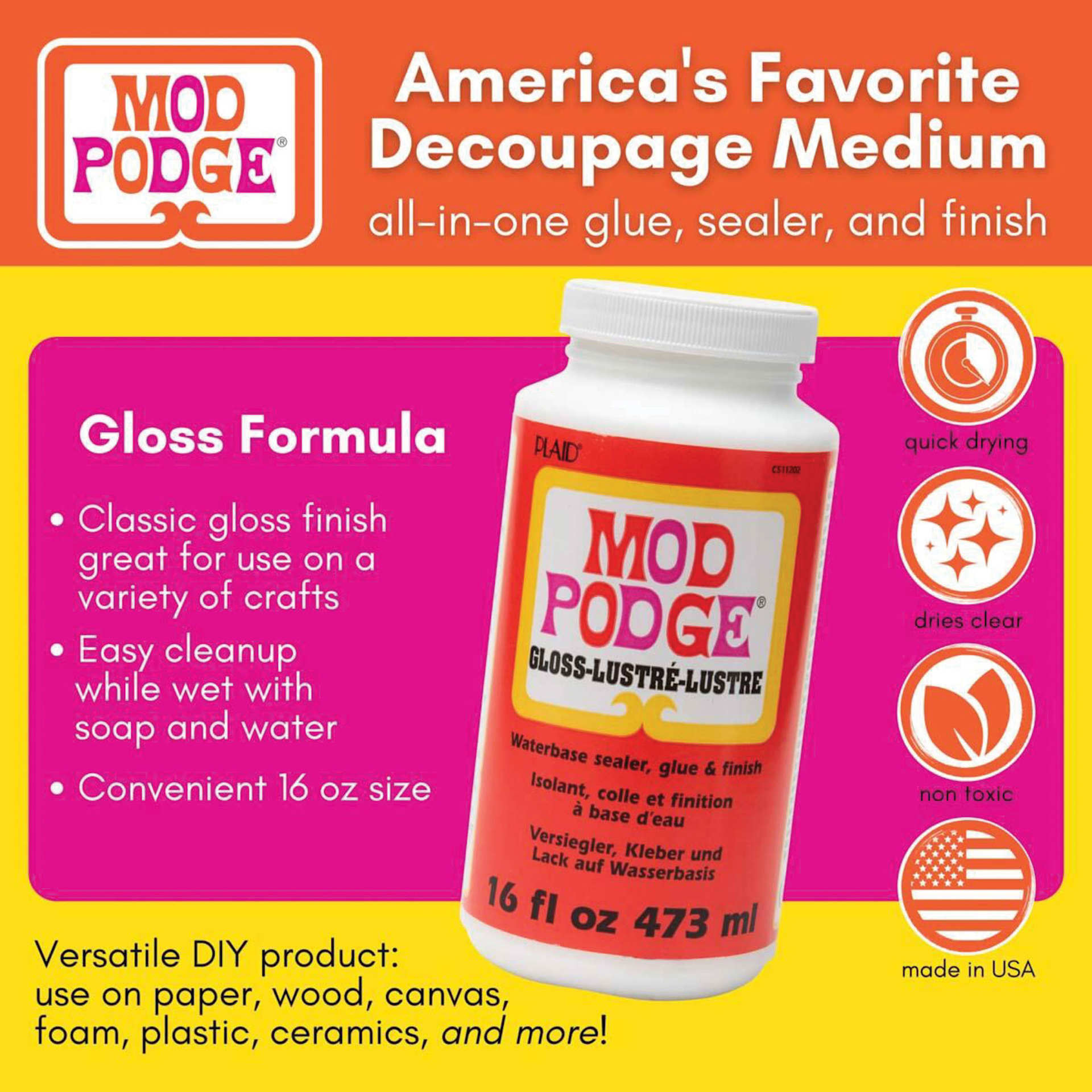 Plaid Mod Podge - Gloss Finish, features and specifications displayed