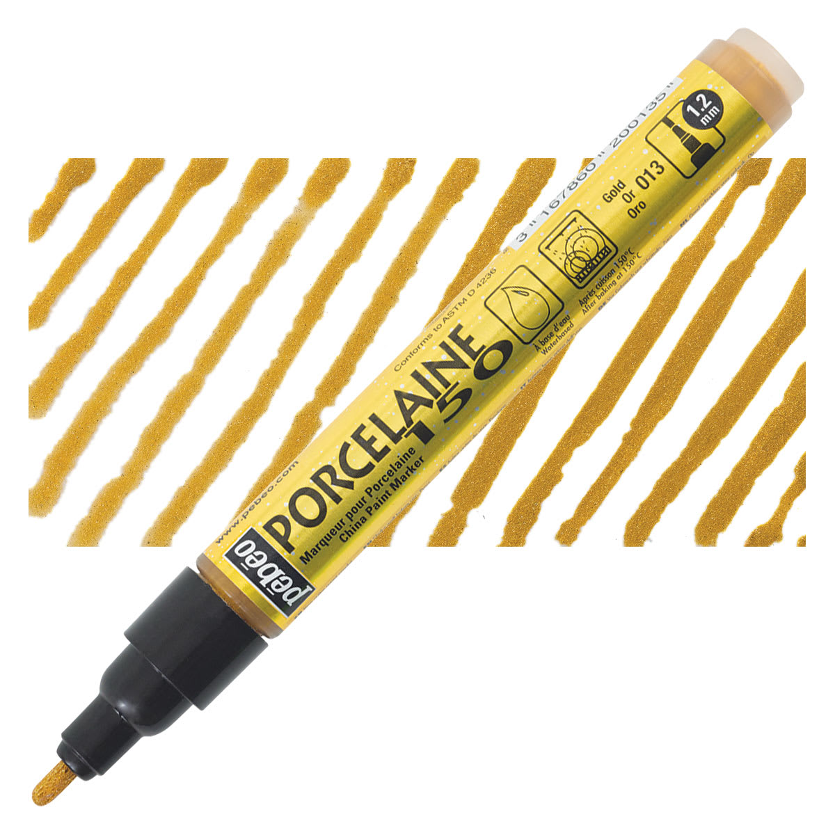 Pebeo Porcelaine 150 Paint Marker - Gold, Broad marker and swatch