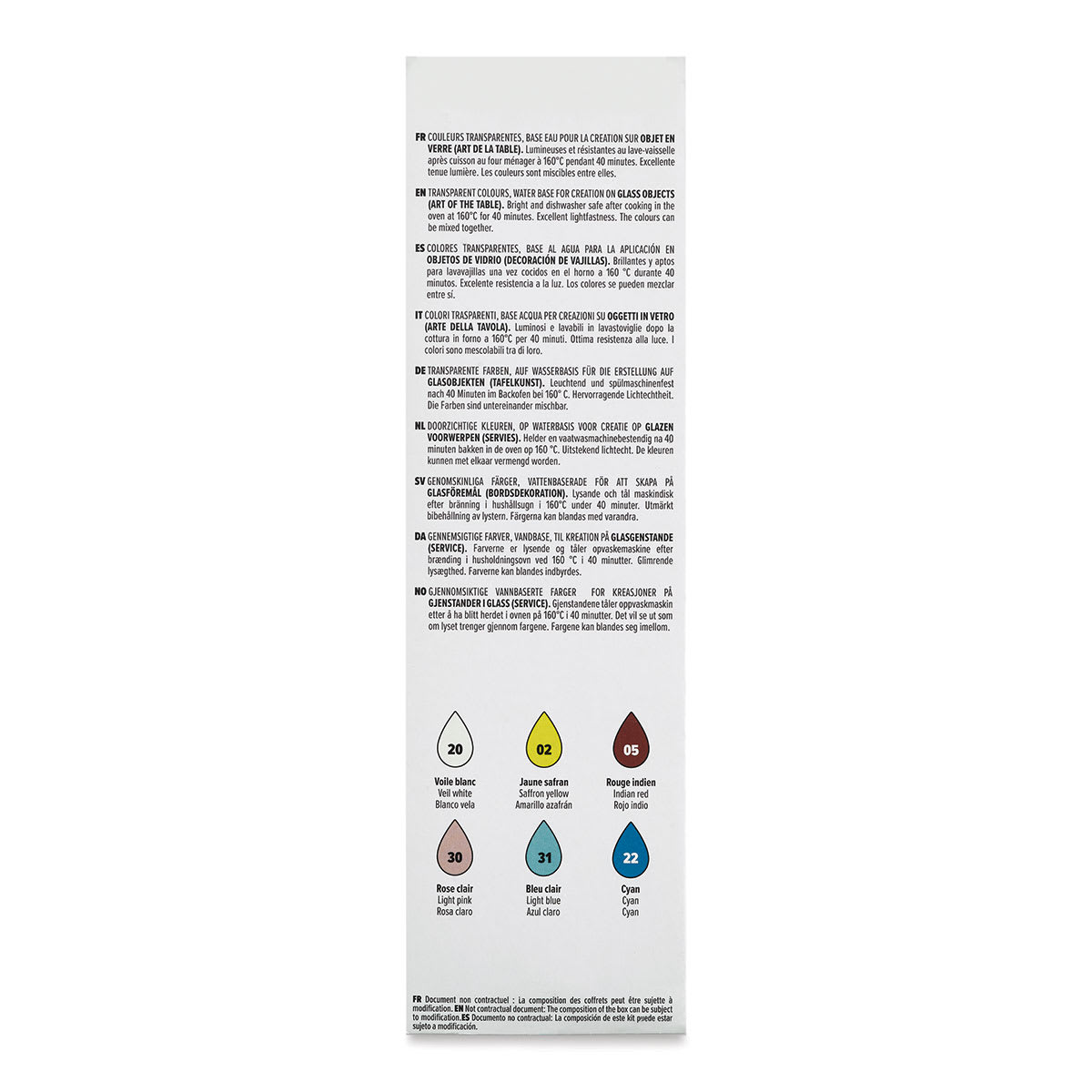 Pebeo Vitrea 160 Initiation Set, Set of 6, 20 ml bottles, Back Of Package