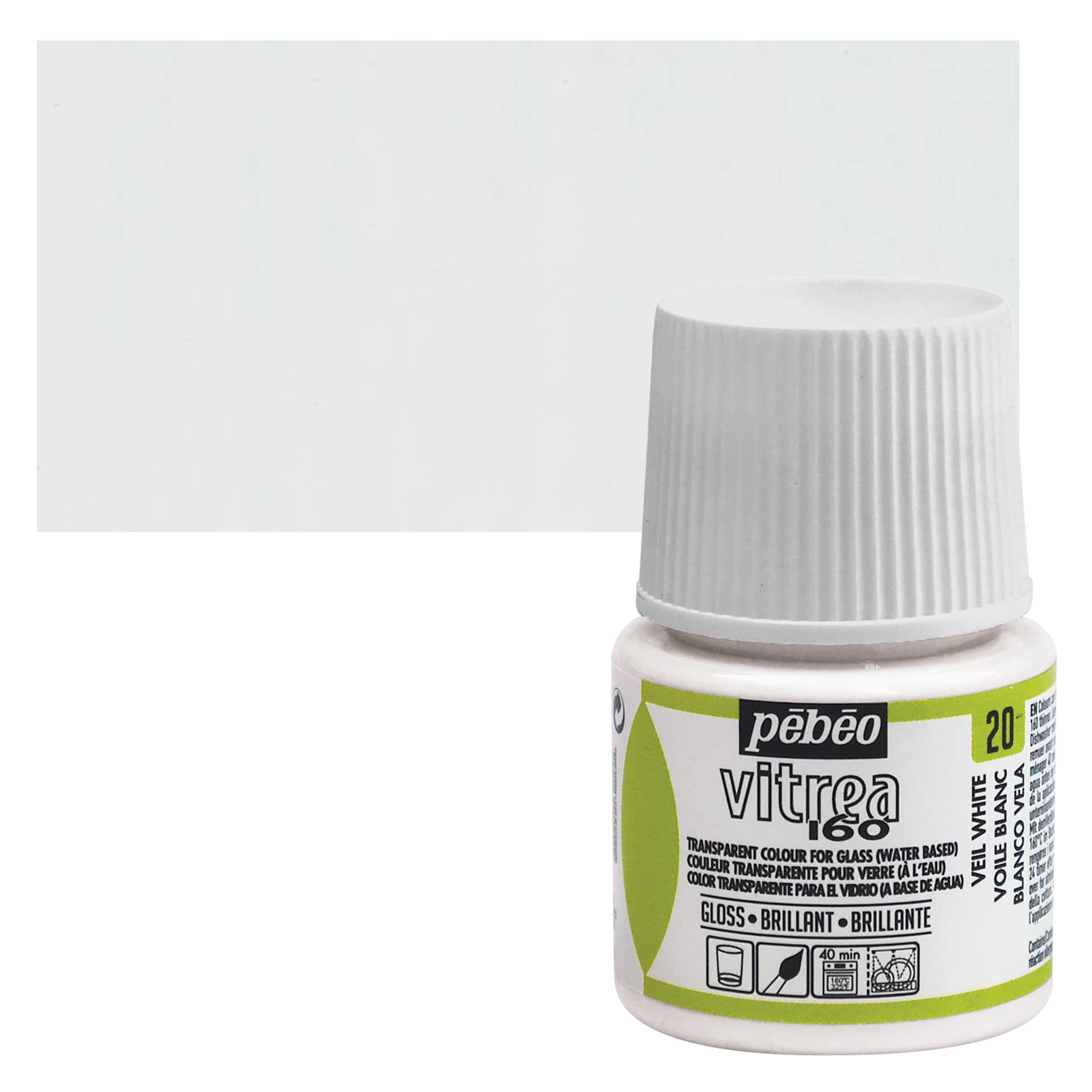 Pebeo Vitrea 160 Glass Paint - Veil White, Glossy, 45 ml bottle (swatch and bottle)