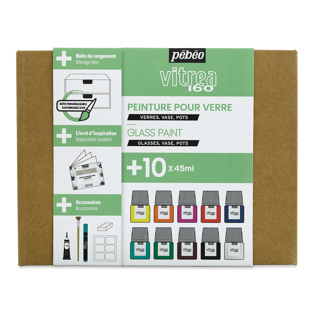Pebeo Vitrea 160 Glass Paints - Set of 10 Colors, 45 ml bottles, Top Of Package