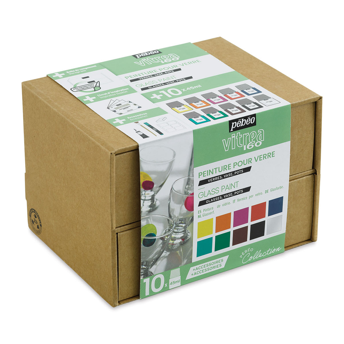 Pebeo Vitrea 160 Glass Paints - Set of 10 Colors, 45 ml bottles, Package
