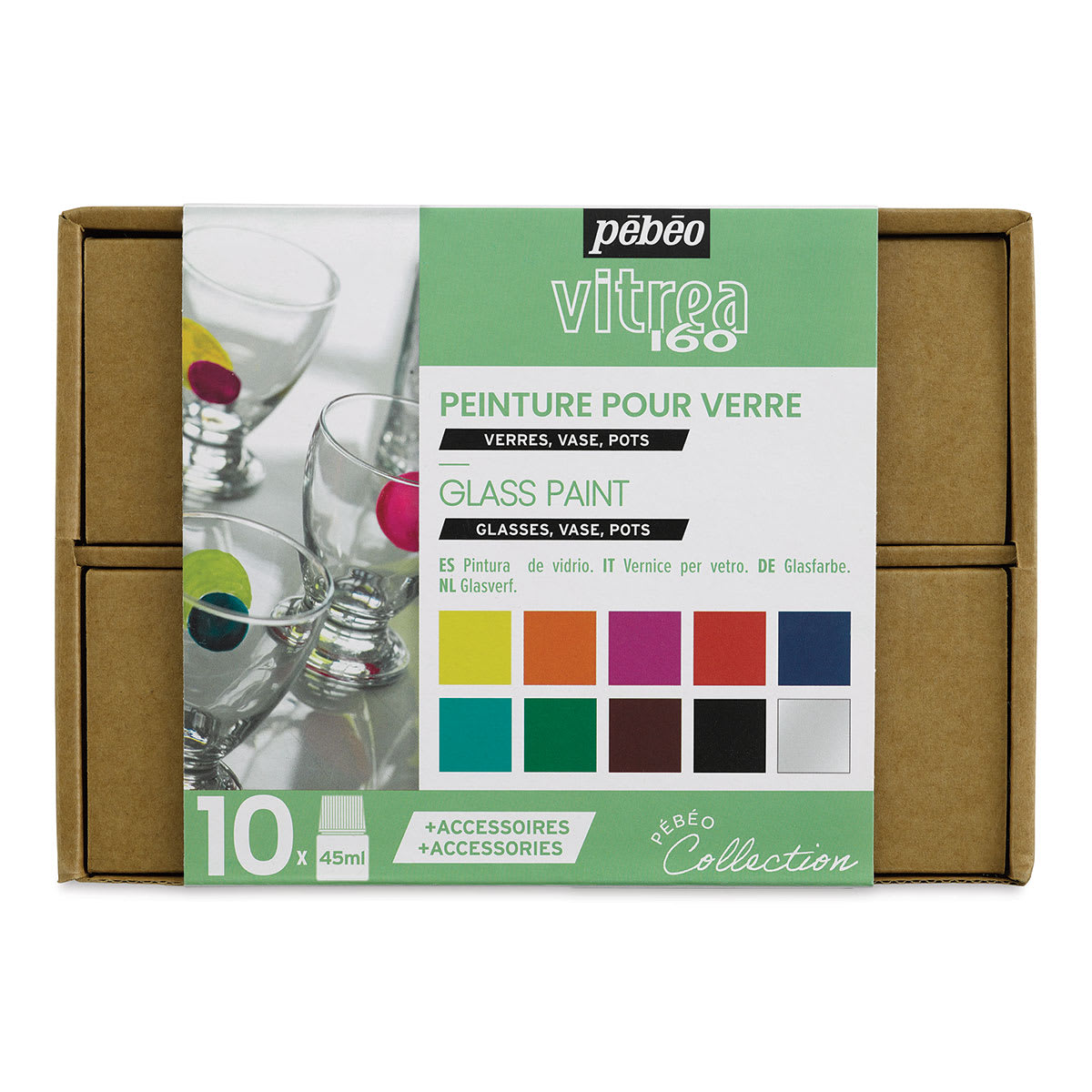 Pebeo Vitrea 160 Glass Paints - Set of 10 Colors, 45 ml bottles, Front Of Package