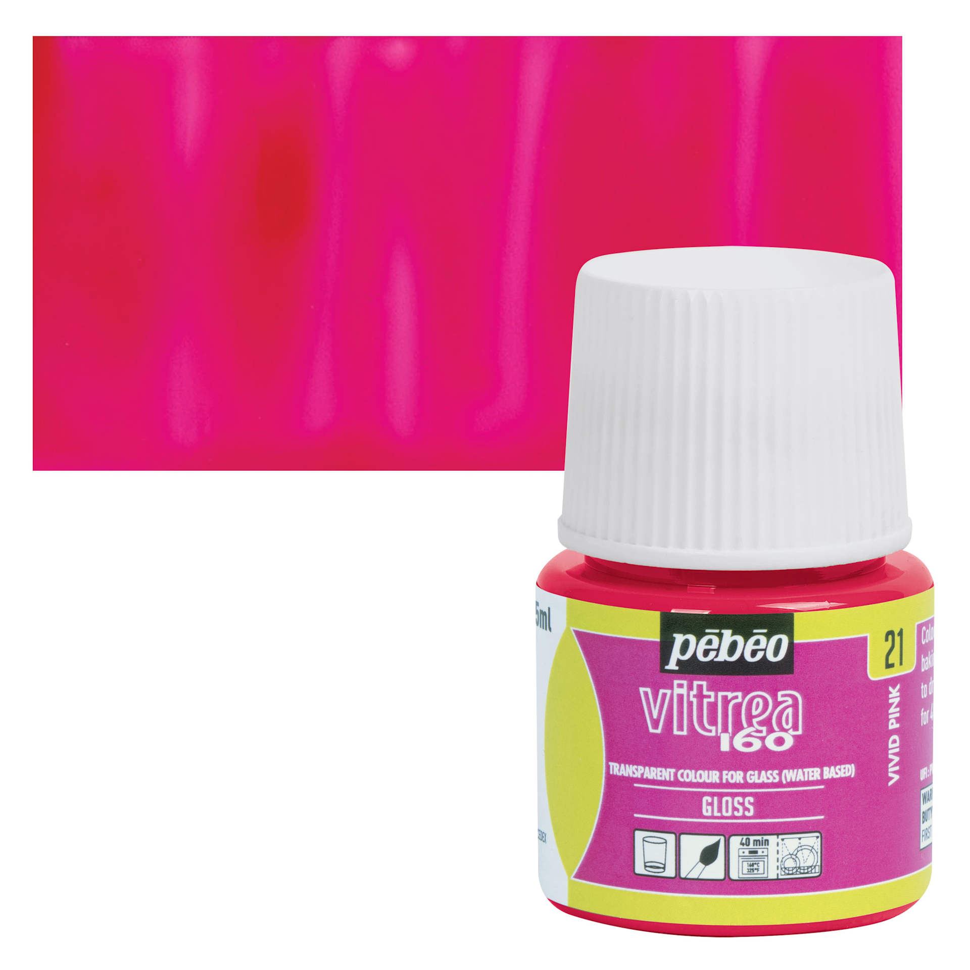 Pebeo Vitrea 160 Glass Paint - Vivid Pink, Glossy, 45 ml bottle and swatch