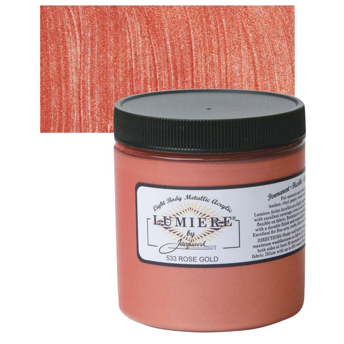 Jacquard Lumiere Acrylic - Rose Gold, 8 oz Jar and swatch