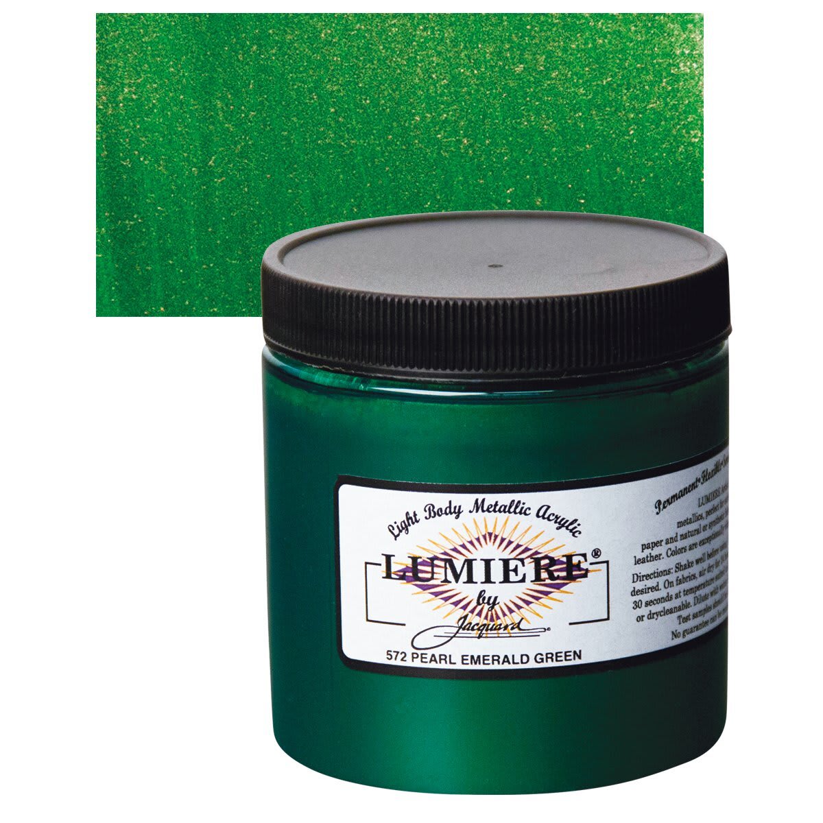 Jacquard Lumiere Acrylic - Emerald Green, 8 oz Jar and swatch