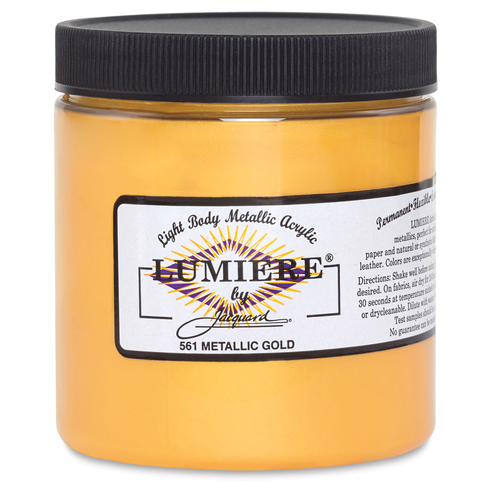Jacquard Lumiere Acrylic Paints - Front of 8oz Metallic Gold paint Jar Jacquard Lumiere Acrylic Paints - Front of 8oz Metallic Gold paint Jar