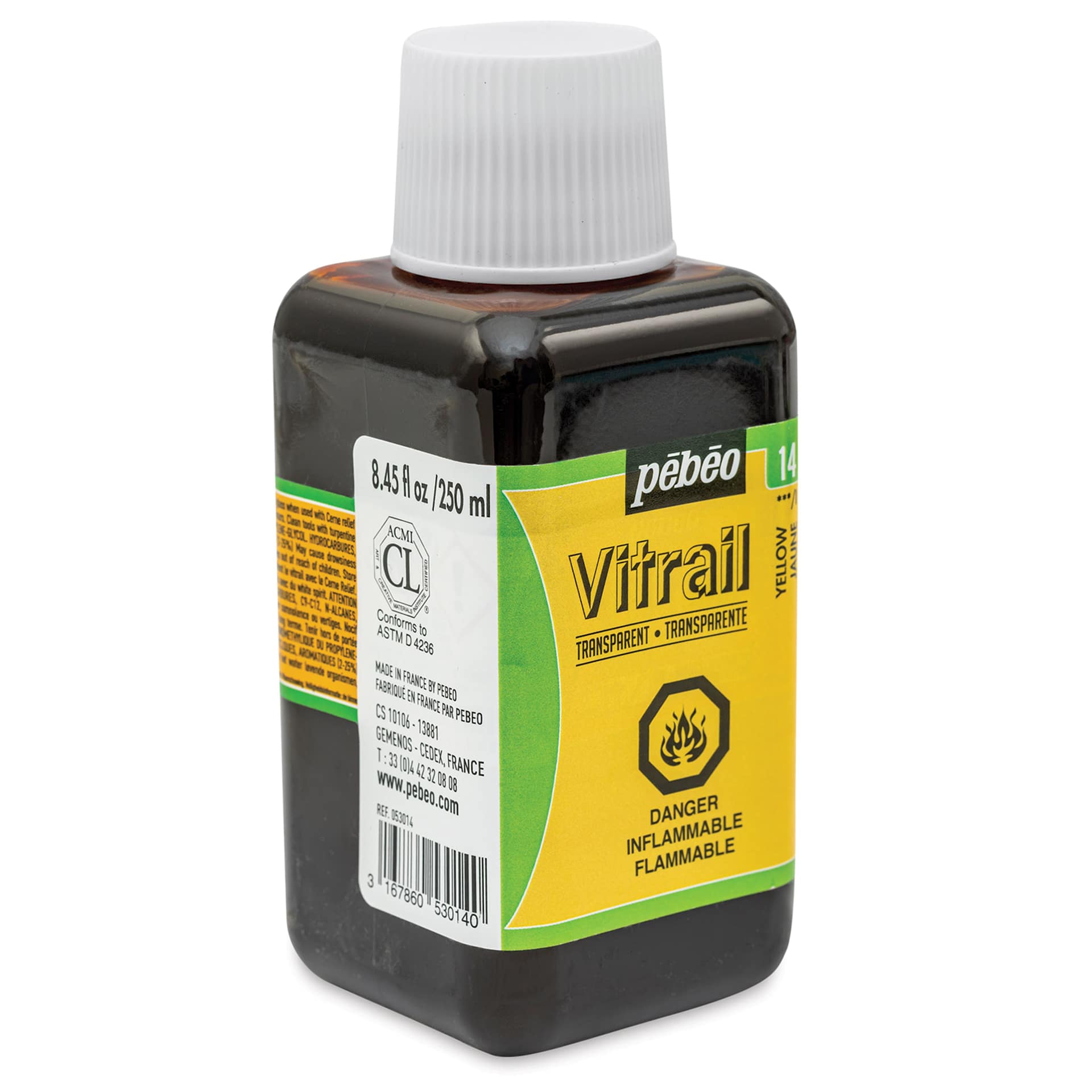 Pebeo Vitrail Paint - Yellow, 250 ml bottle side view 