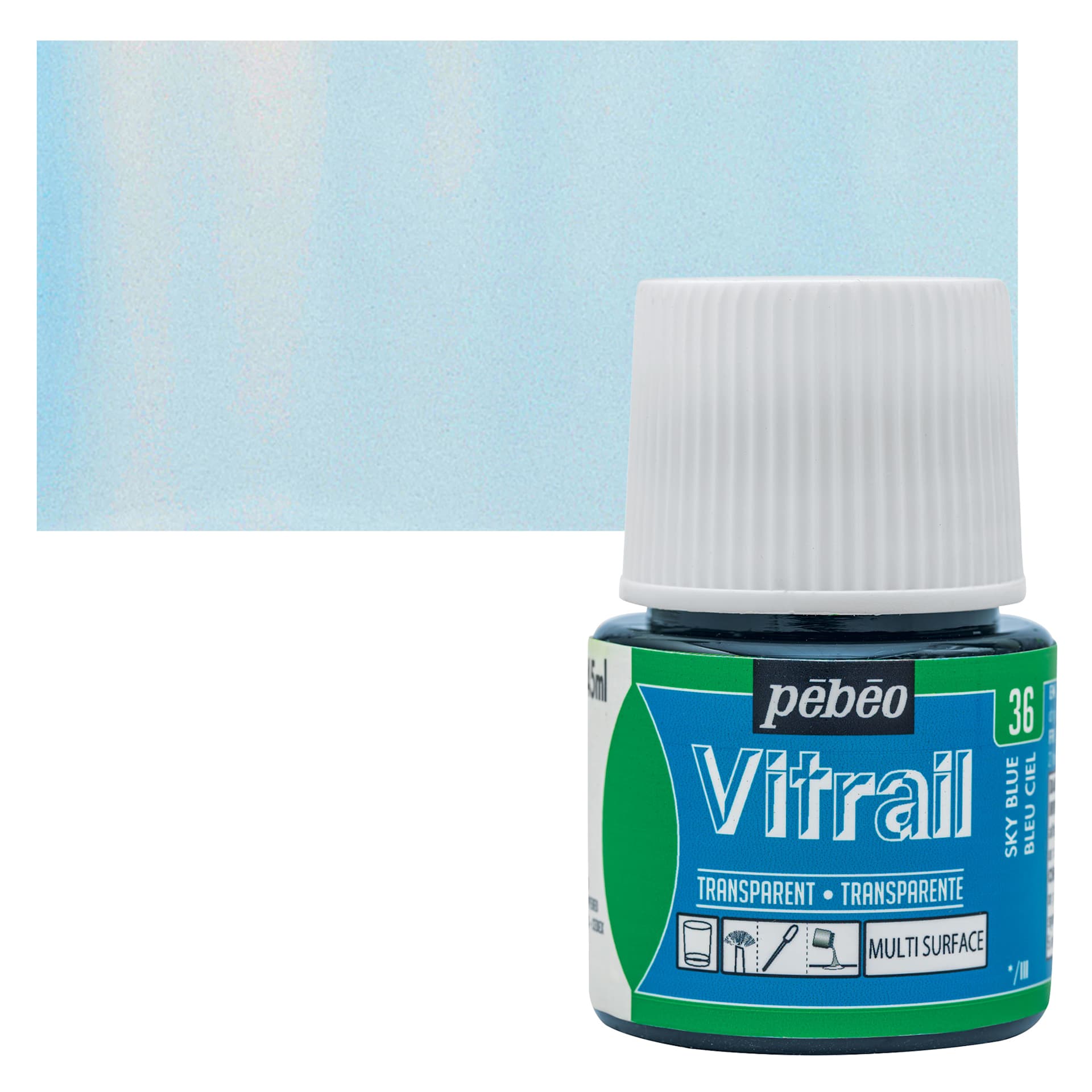 Pebeo Vitrail Paint - Sky Blue, 45 ml bottle and swatch