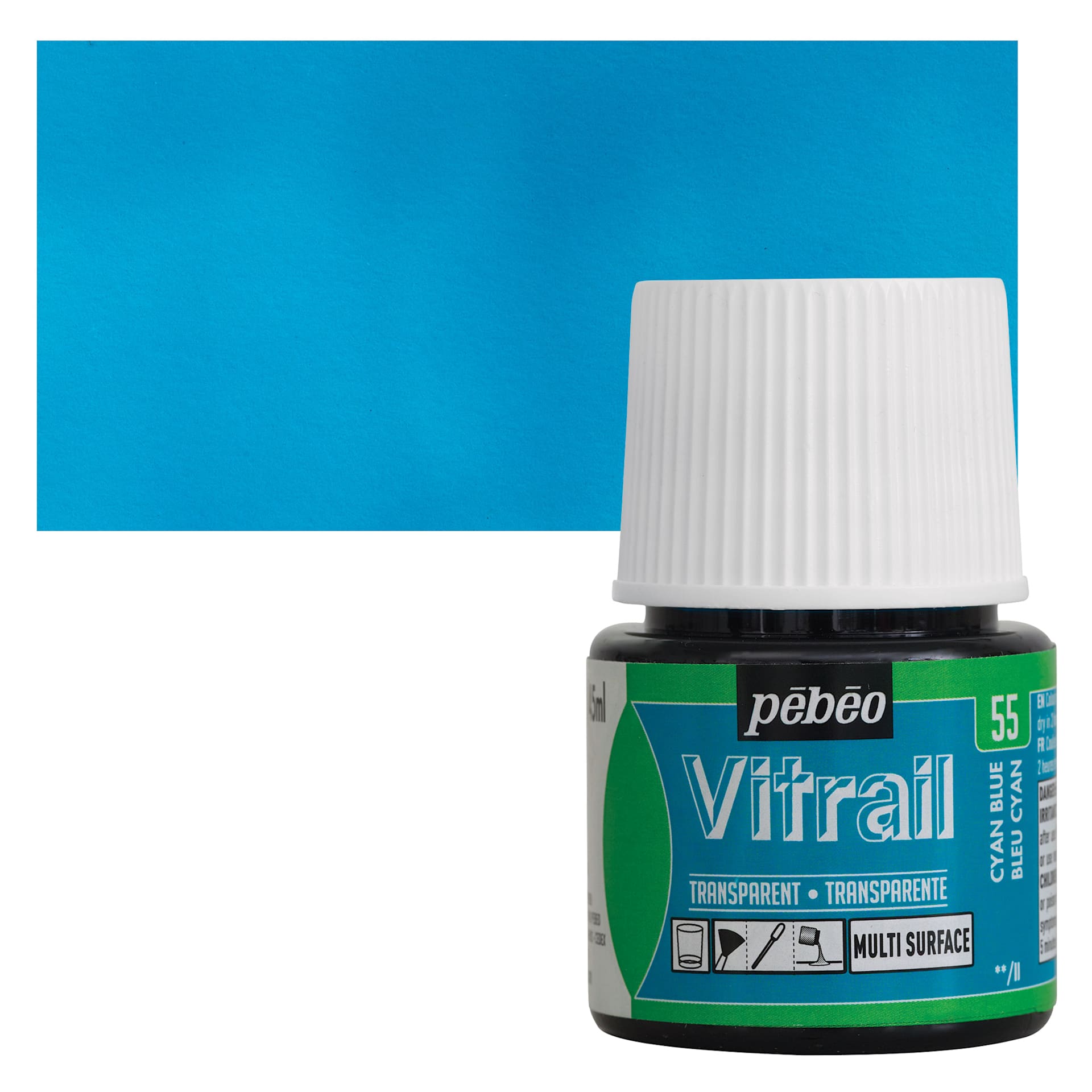 Pebeo Vitrail Paint - Cyan Blue, 45 ml bottle and swatch