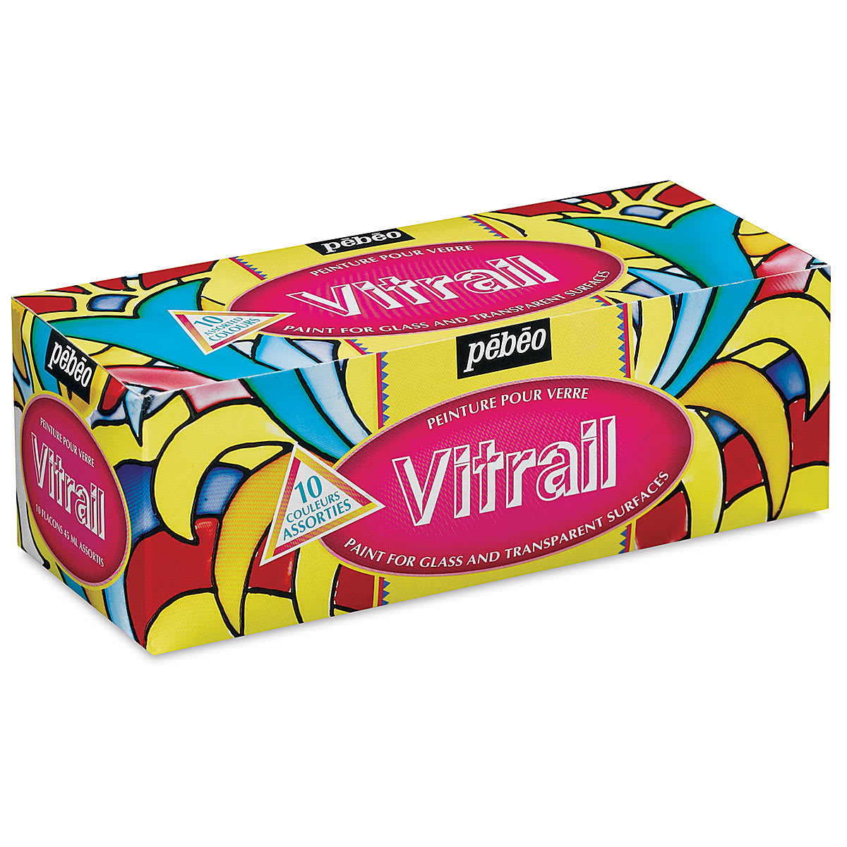 Pebeo Vitrail Paint Set - Assorted Colors, Set of 10, 45 ml bottles front of package