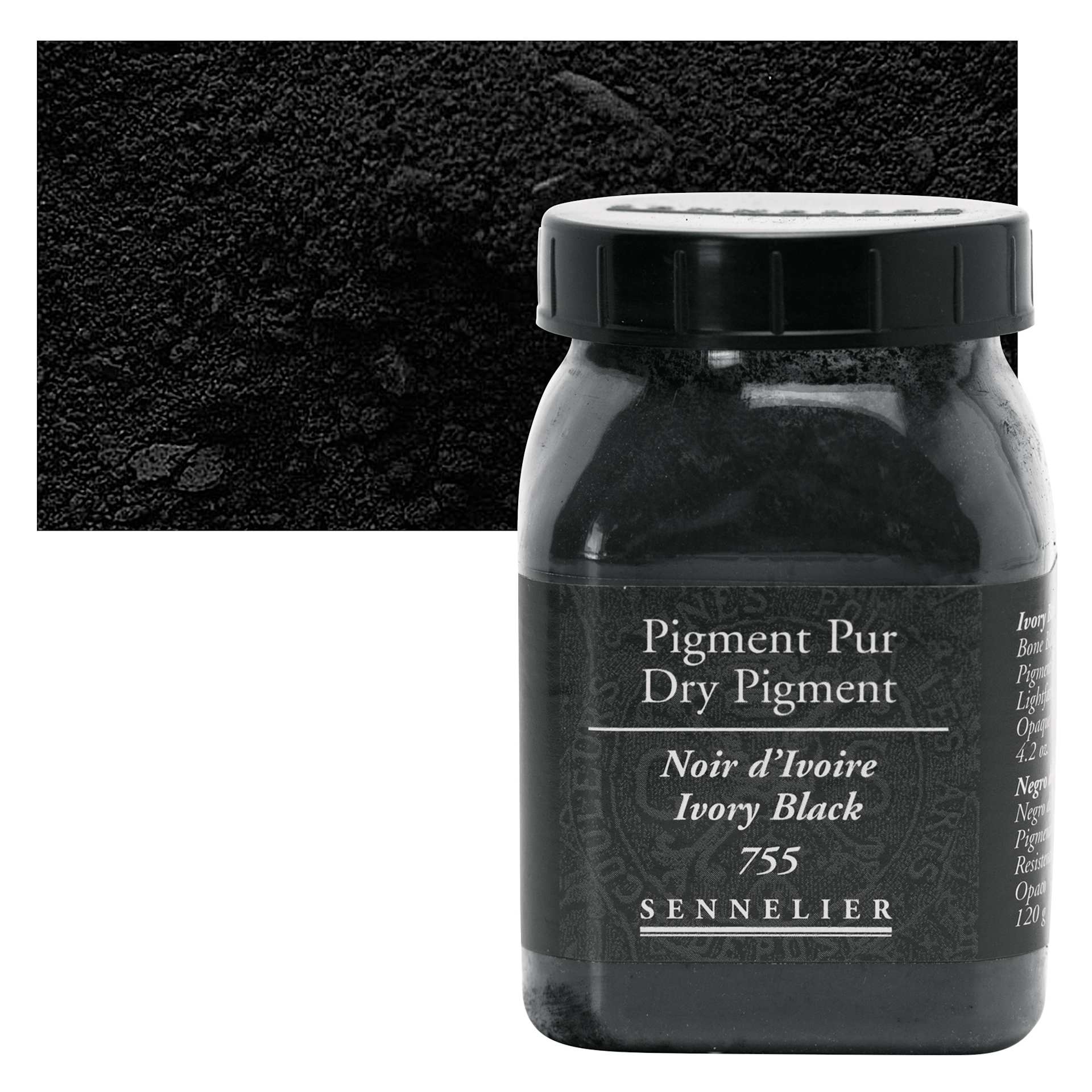 Sennelier Dry Pigment - Ivory Black, 120 g jar and swatch
