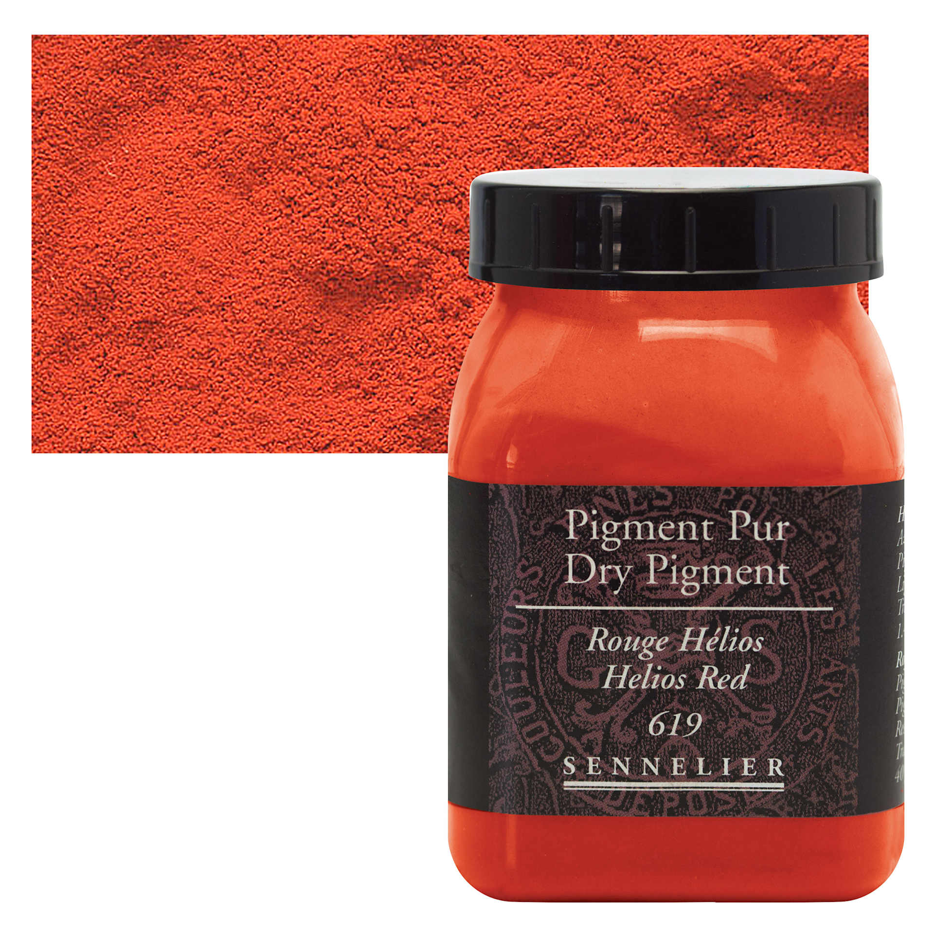 Sennelier Dry Pigment - Helios Red, 40 g jar and swatch