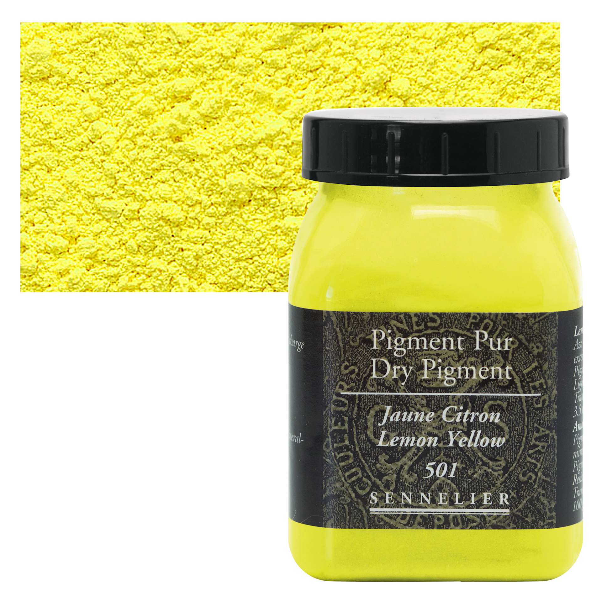 Sennelier Dry Pigment - Lemon Yellow, 110 g jar and swatch