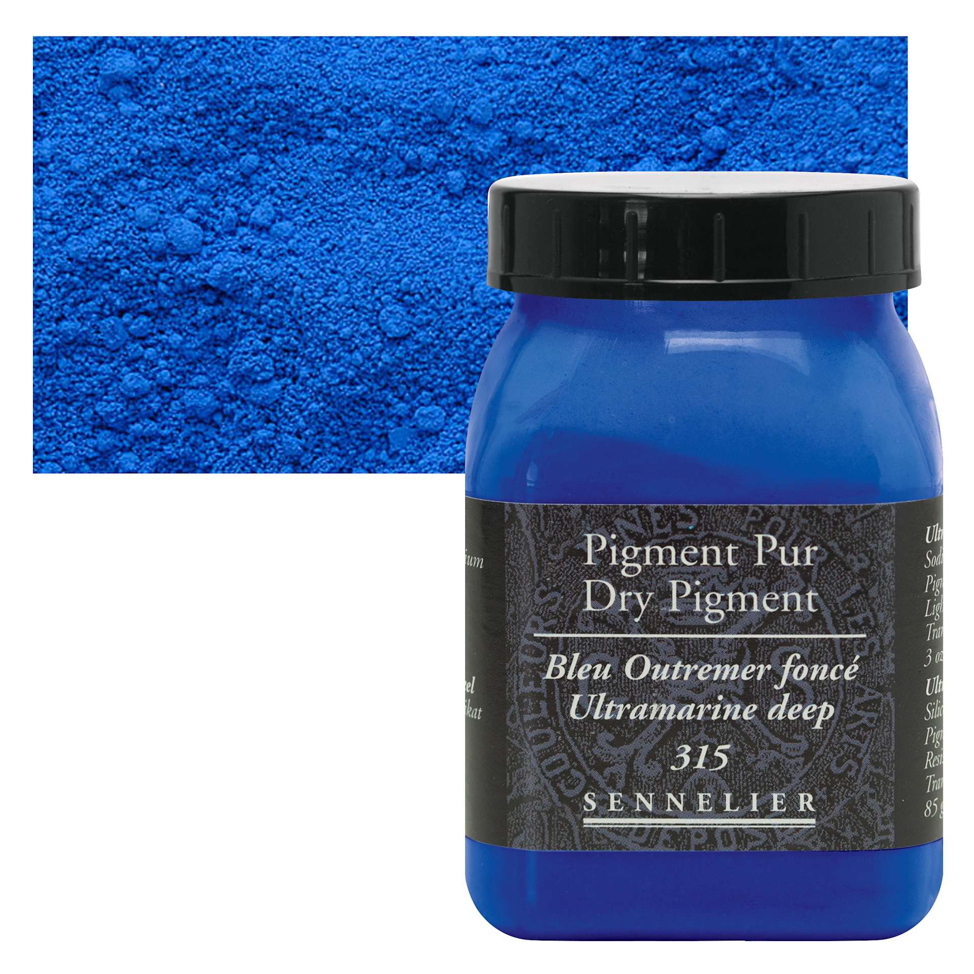 Sennelier Dry Pigment - Ultramarine Blue Deep, 85 g jar and swatch