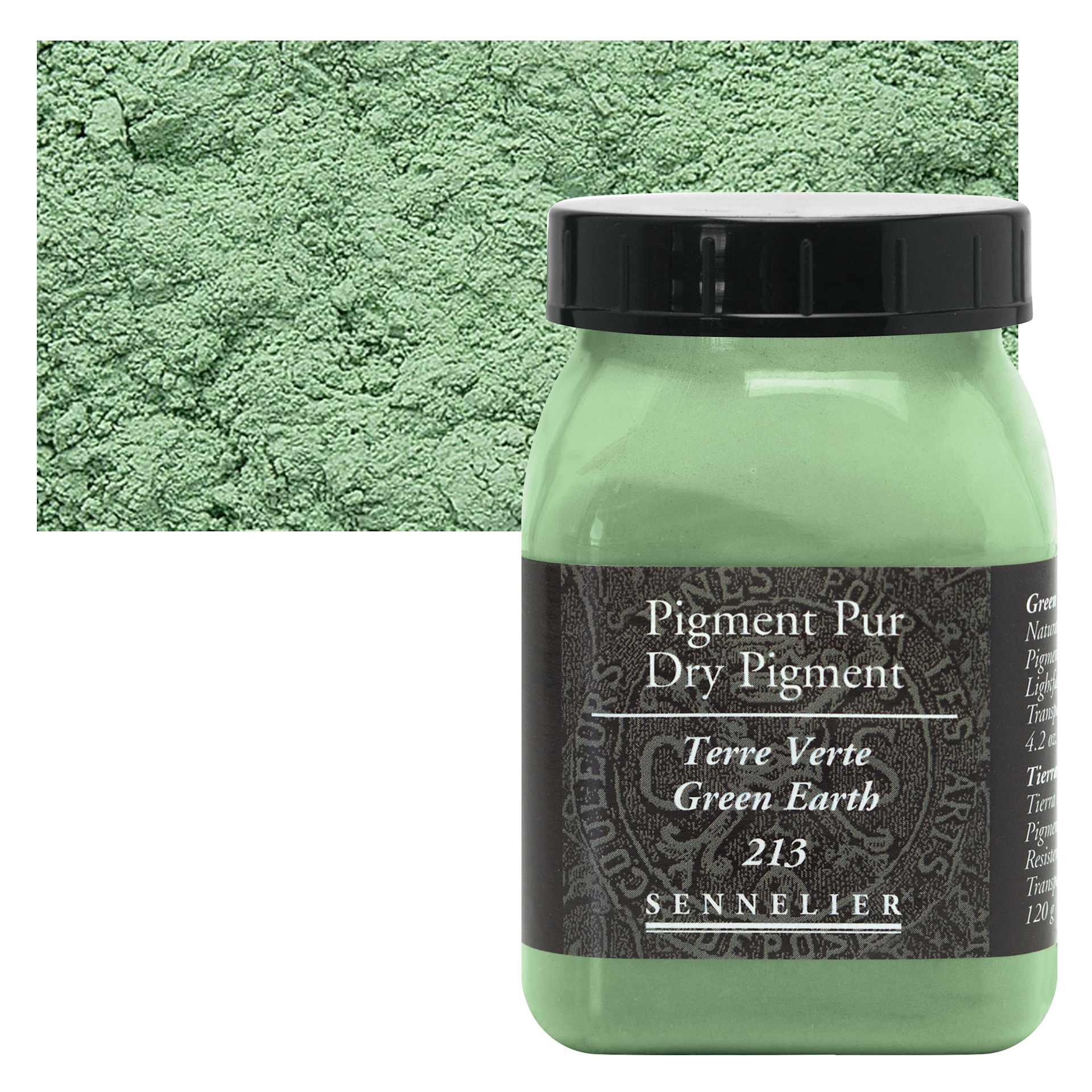Sennelier Dry Pigment - Green Earth, 120 g jar and swatch