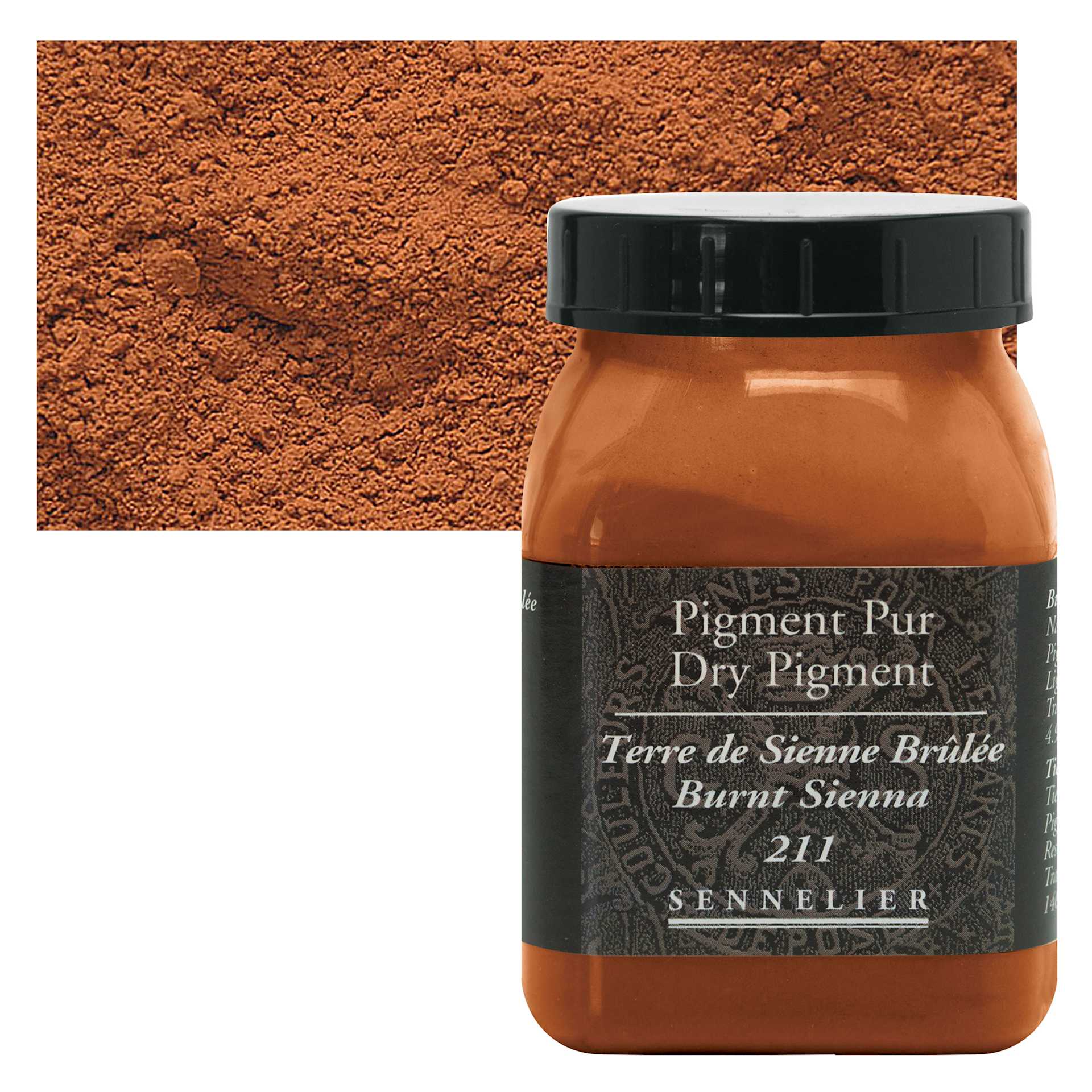 Sennelier Dry Pigment - Burnt Sienna, 140 g jar and swatch