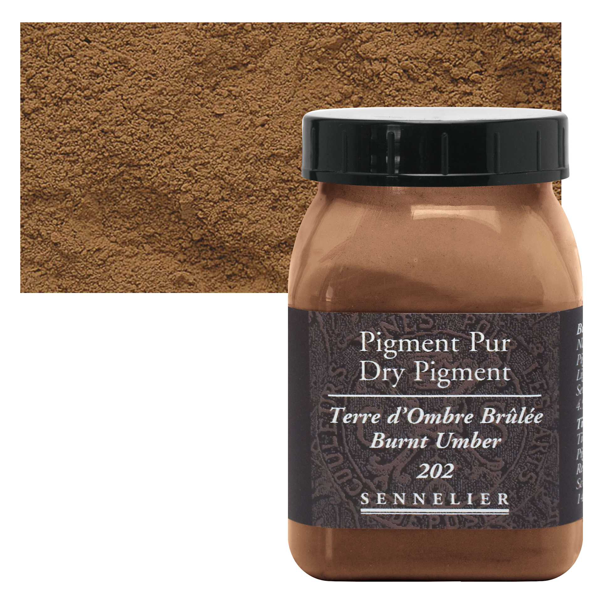 Sennelier Dry Pigment - Burnt Umber, 140 g jar and swatch