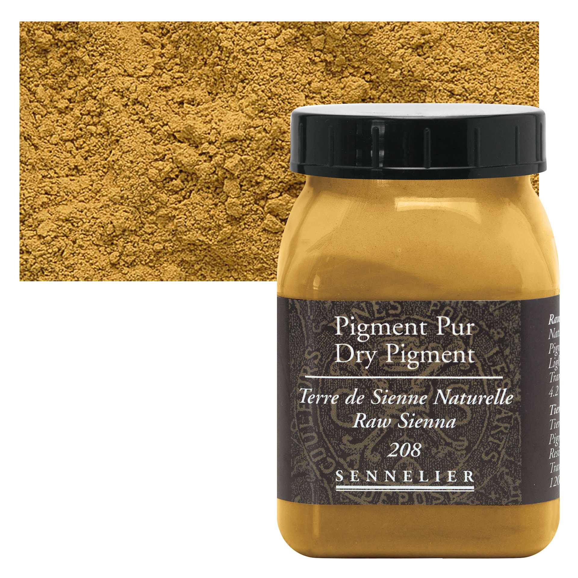 Sennelier Dry Pigment - Raw Sienna, 120 g jar and swatch