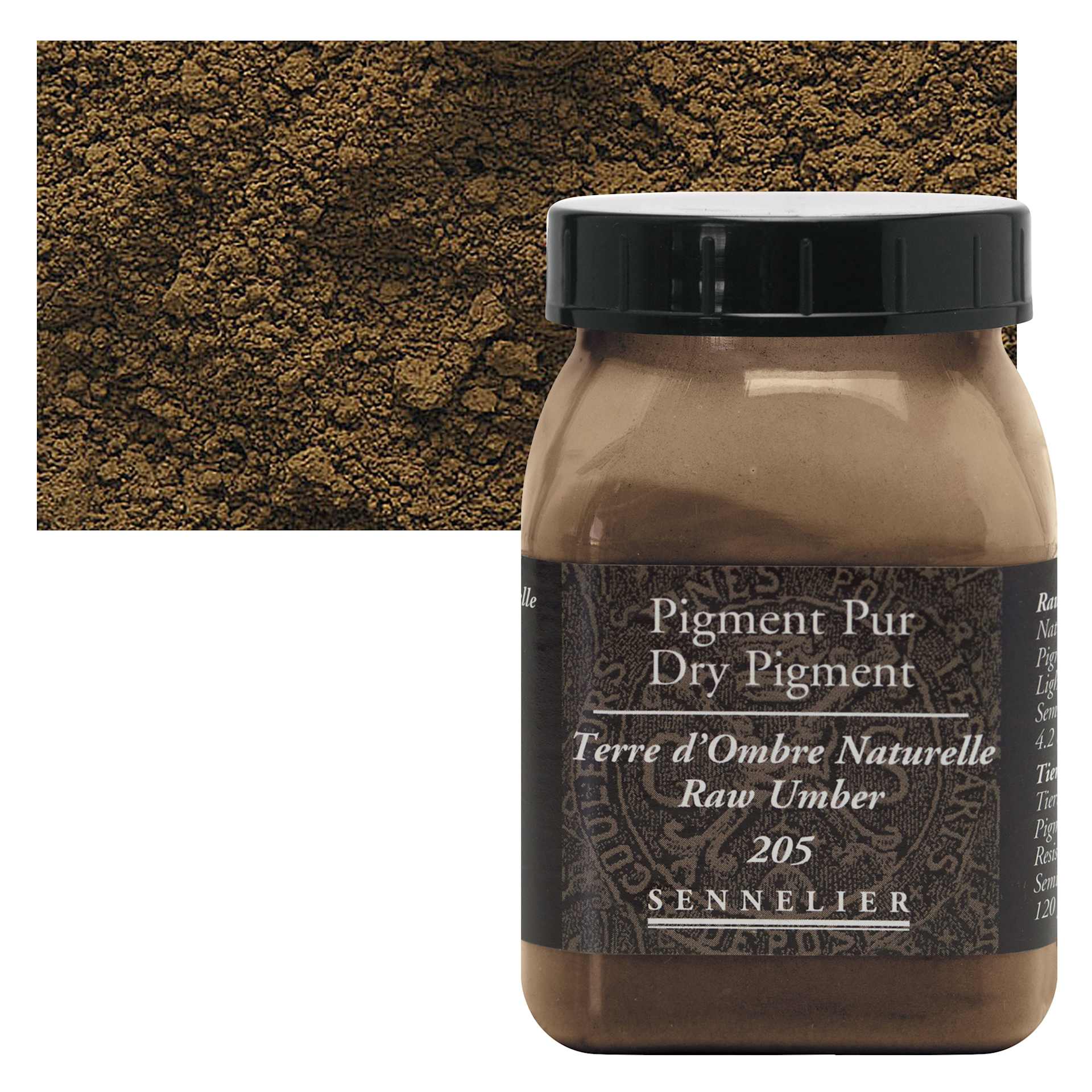 Sennelier Dry Pigment - Raw Umber, 120 g jar and swatch