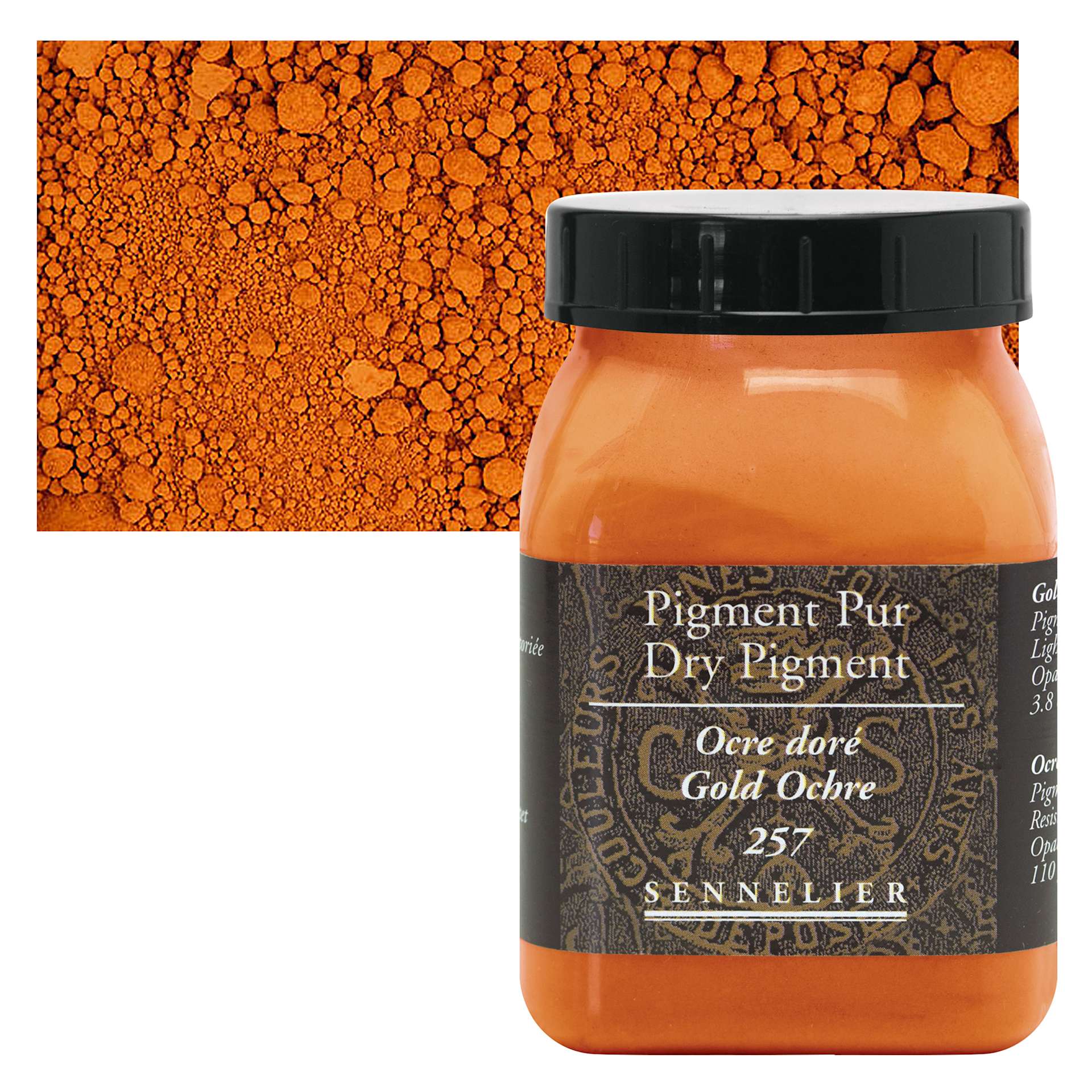 Sennelier Dry Pigment - Gold Ochre, 110 g jar and swatch