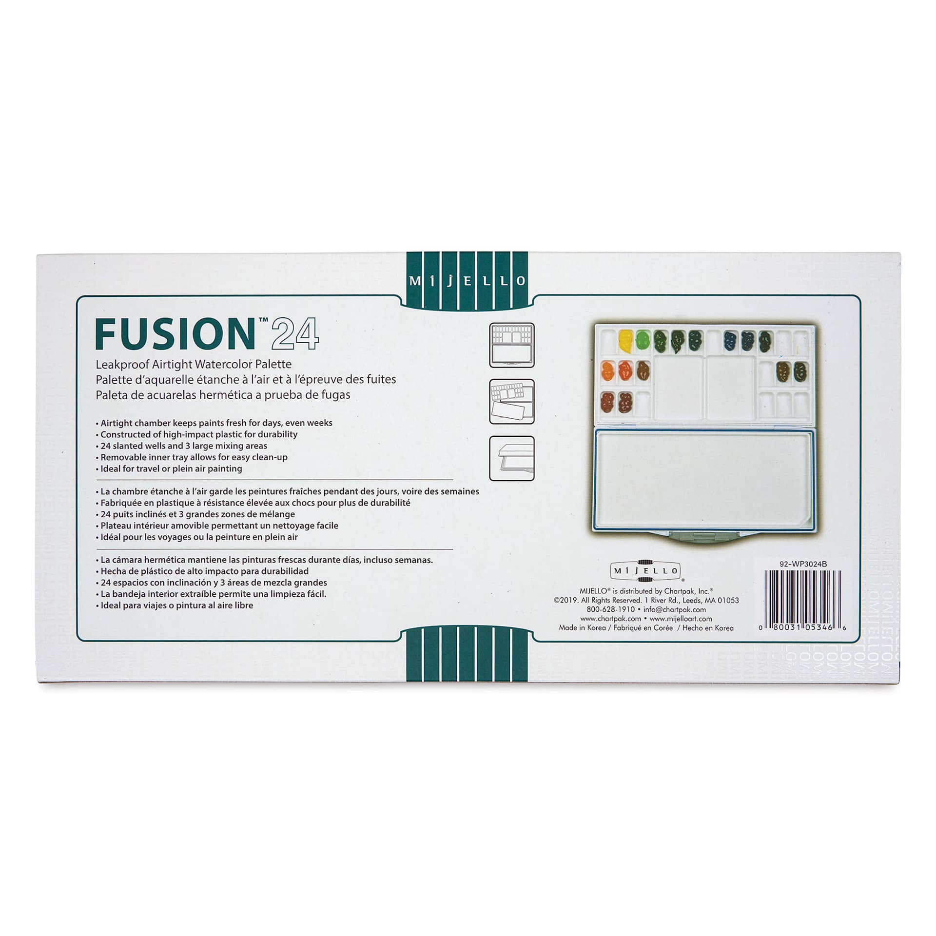 Mijello Fusion Airtight/Leakproof Palette - Blue, 24 Wells, back of the packaging
