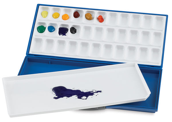 Mijello Fusion Airtight Watercolor Palette - 33 Well palette open with some wells filled with paint