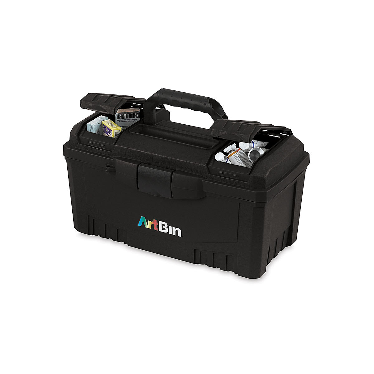 ArtBin Twin Top Storage Box - Box closed, small top compartments open, showing paints (not included) ArtBin Twin Top Storage Box - Box closed, small top compartments open, showing paints (not included)