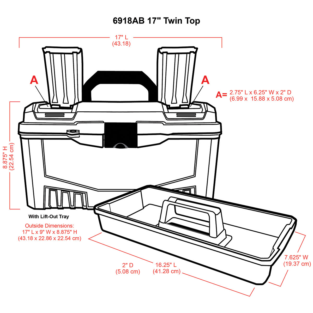ArtBin Twin Top Storage Box - Diagram of box showing dimensions of storage areas ArtBin Twin Top Storage Box - Diagram of box showing dimensions of storage areas