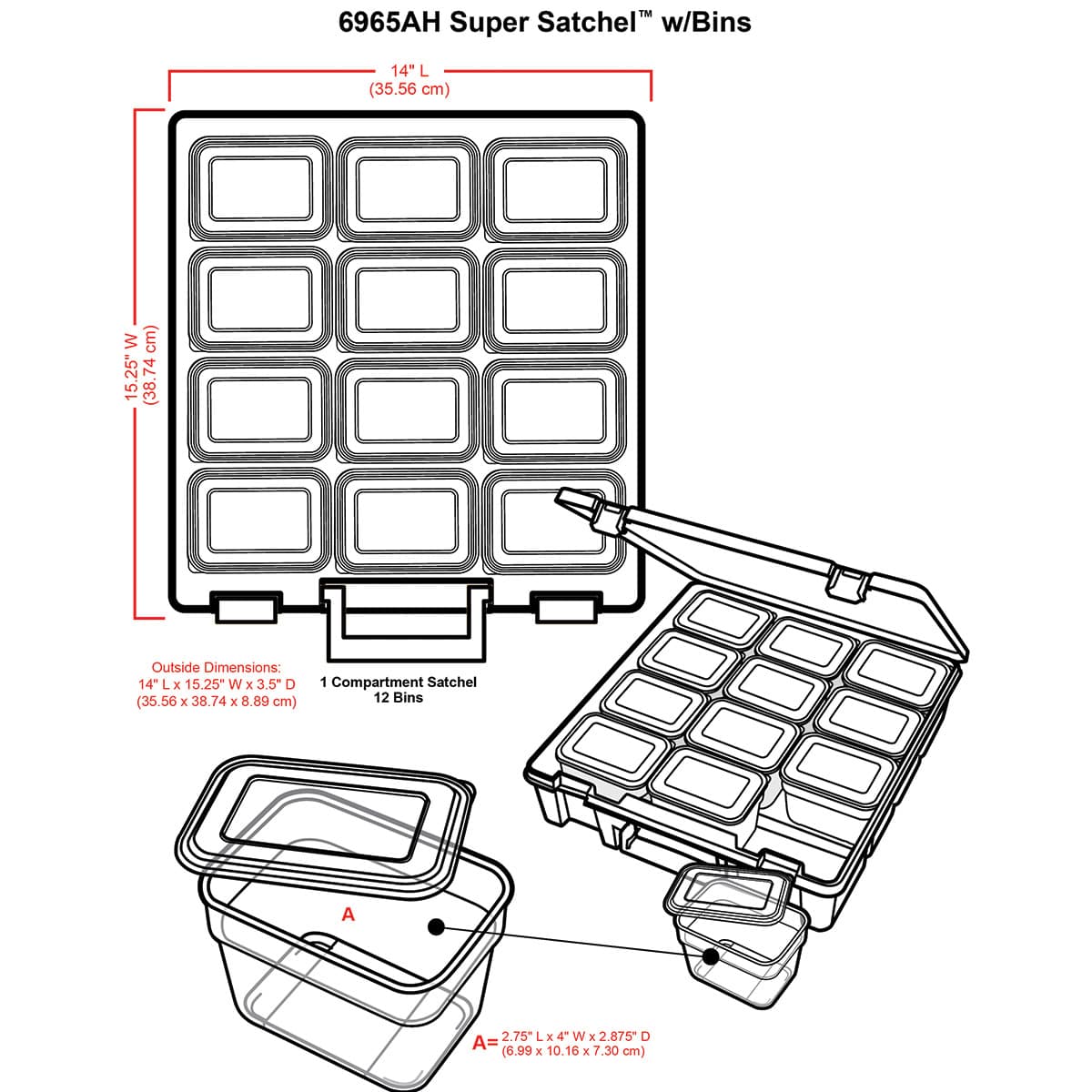 ArtBin Super Satchel with Tubs (illustration of case and tubs with corresponding dimensions)