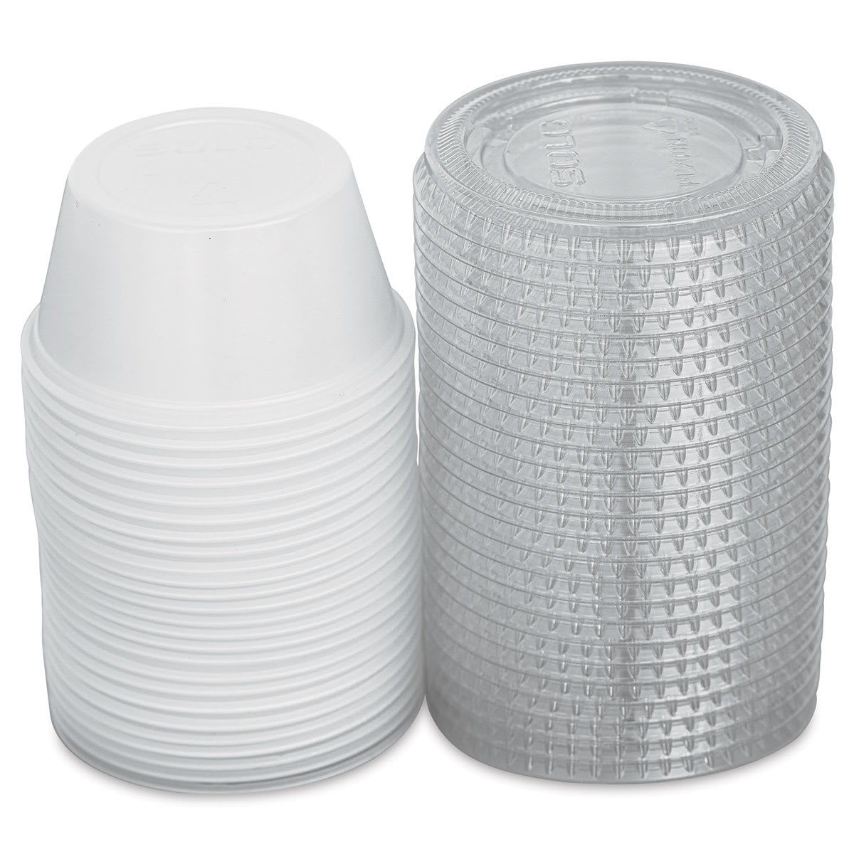 Uline Plastic Cups with Lids - 25 2 ounce cups shown stacked with lids adjacent