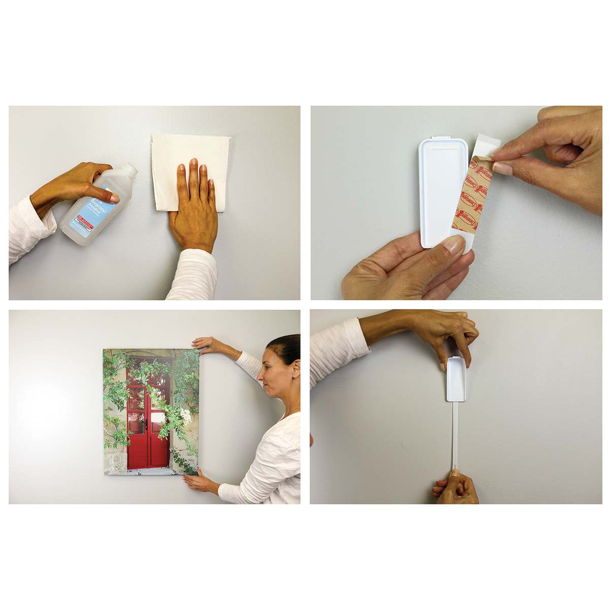 3M Command Canvas Hangers - 4 photos showing process for hanging canvas
