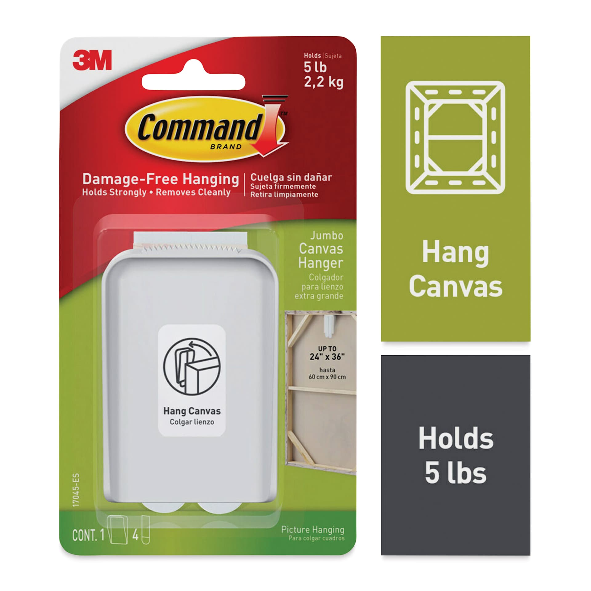 Hang canvas up to 24" x 36", holds 5 lbs