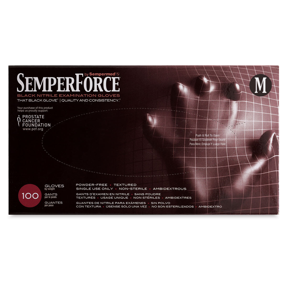 SemperForce Black Nitrile Gloves - Front of package of Medium size gloves shown SemperForce Black Nitrile Gloves - Front of package of Medium size gloves shown