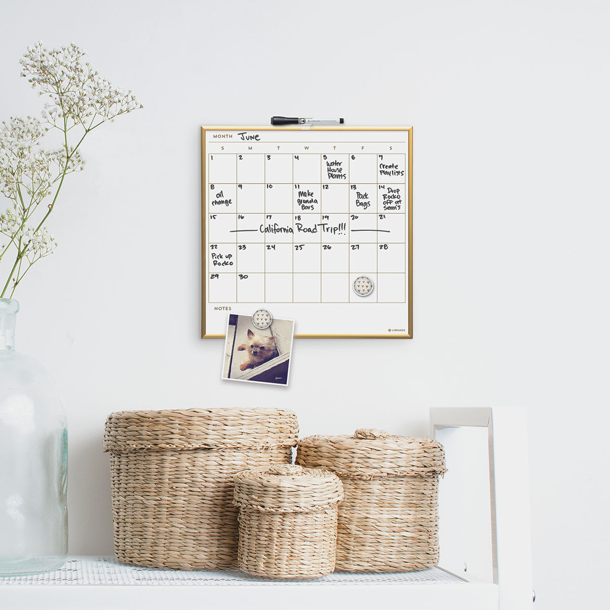 Gold Frame Dry Erase Boards - Calendar Board on wall with writing
