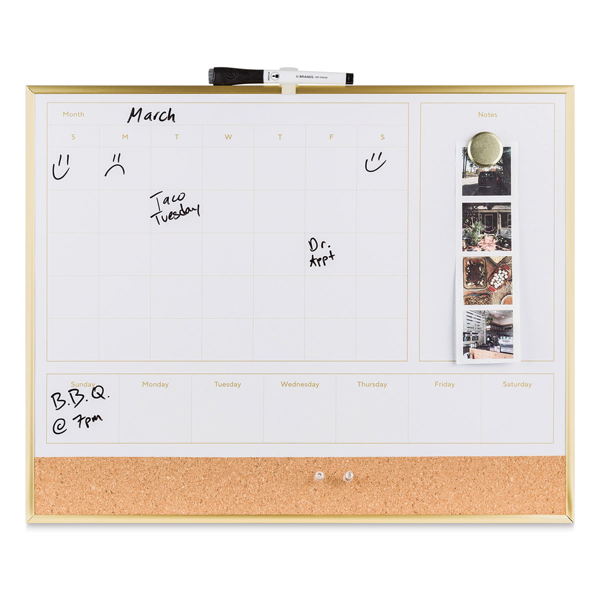 U Brands Gold Frame Dry Erase 2-in-1 Planner Board - Front view with posts and pictures